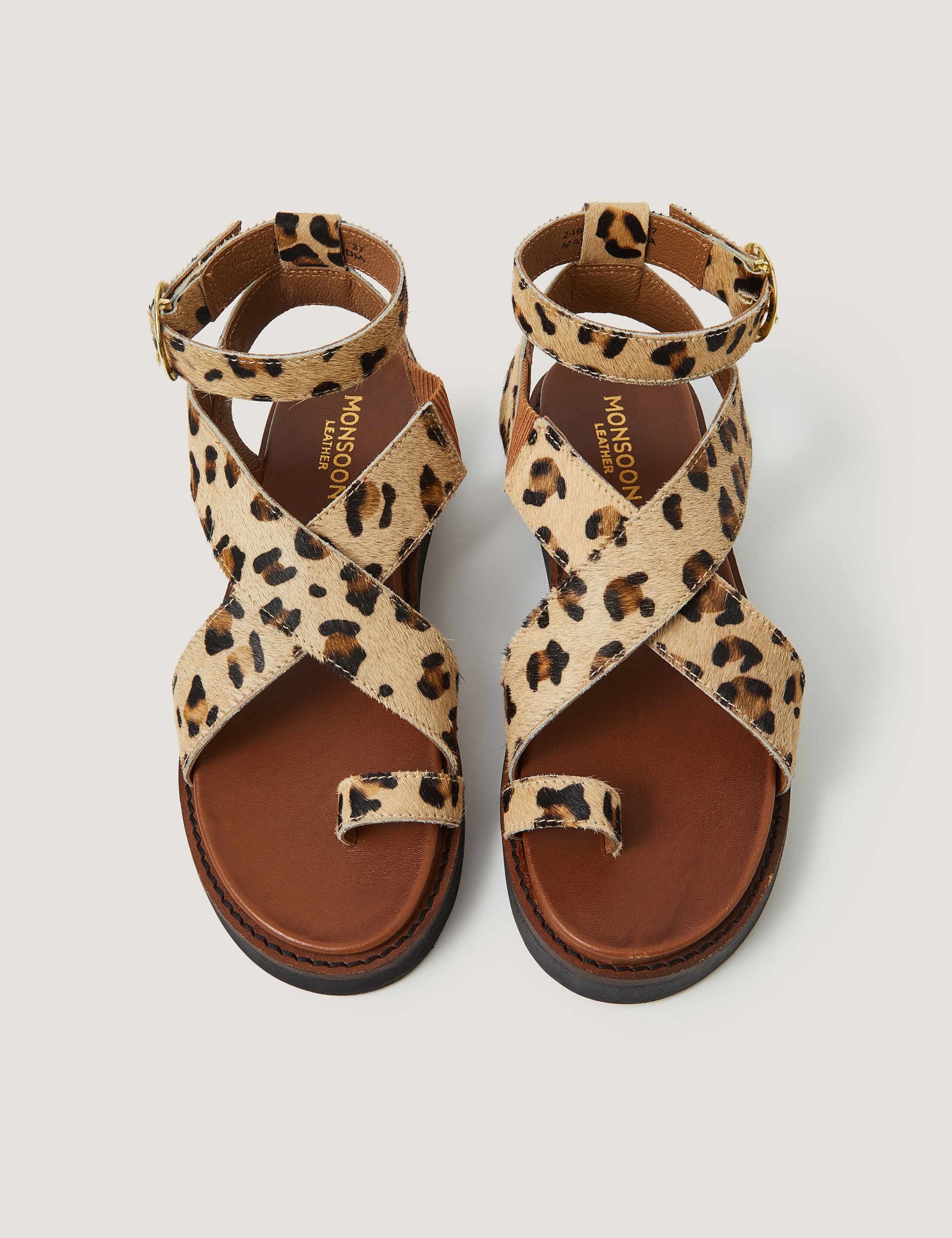 Leather Hair On Leopard Print Footbed Sandals 1 of 3