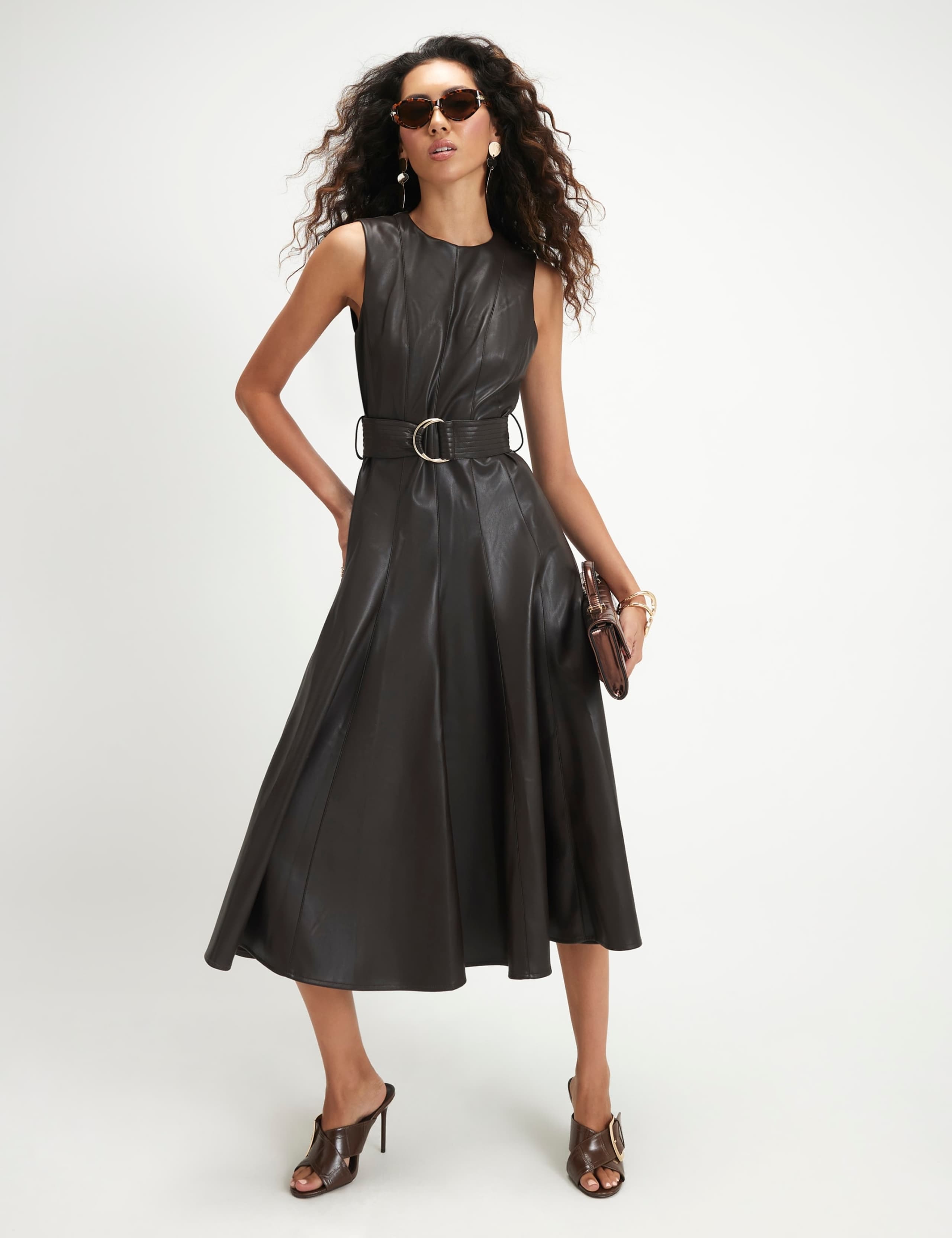 Faux Leather Belted Flared Midi Shirt Dress 1 of 6