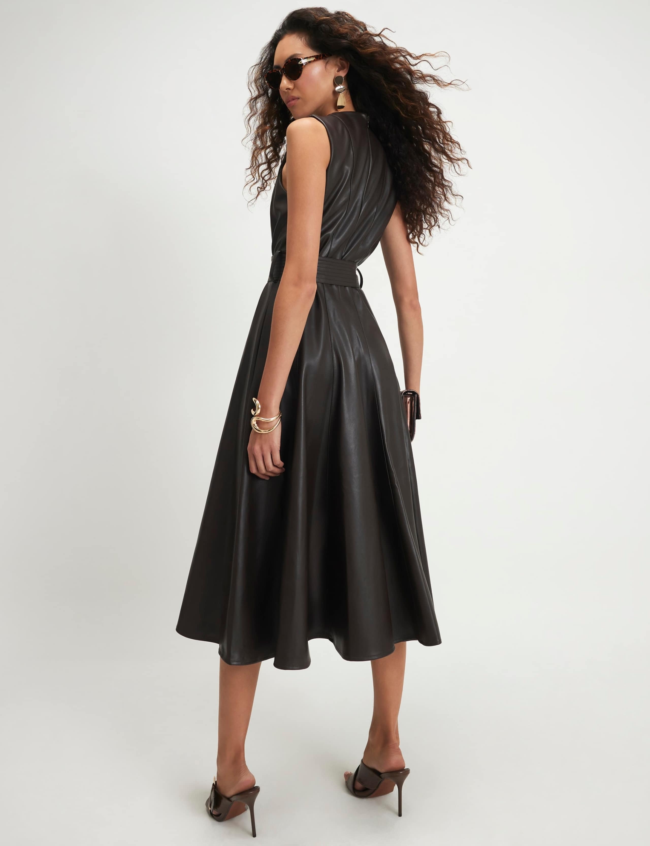 Faux Leather Belted Flared Midi Shirt Dress 6 of 6