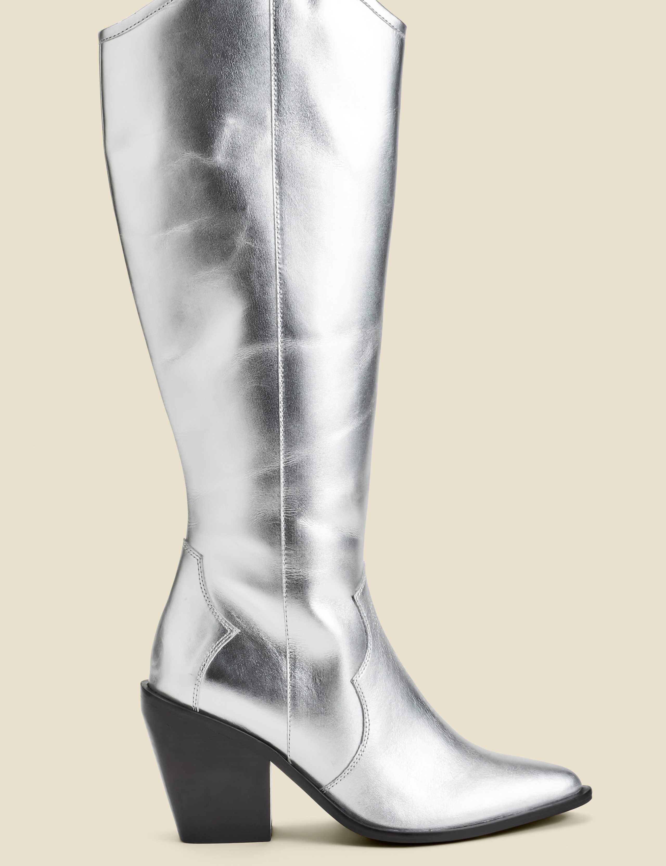 Leather Metallic Block Heel Knee High Boot 1 of 4