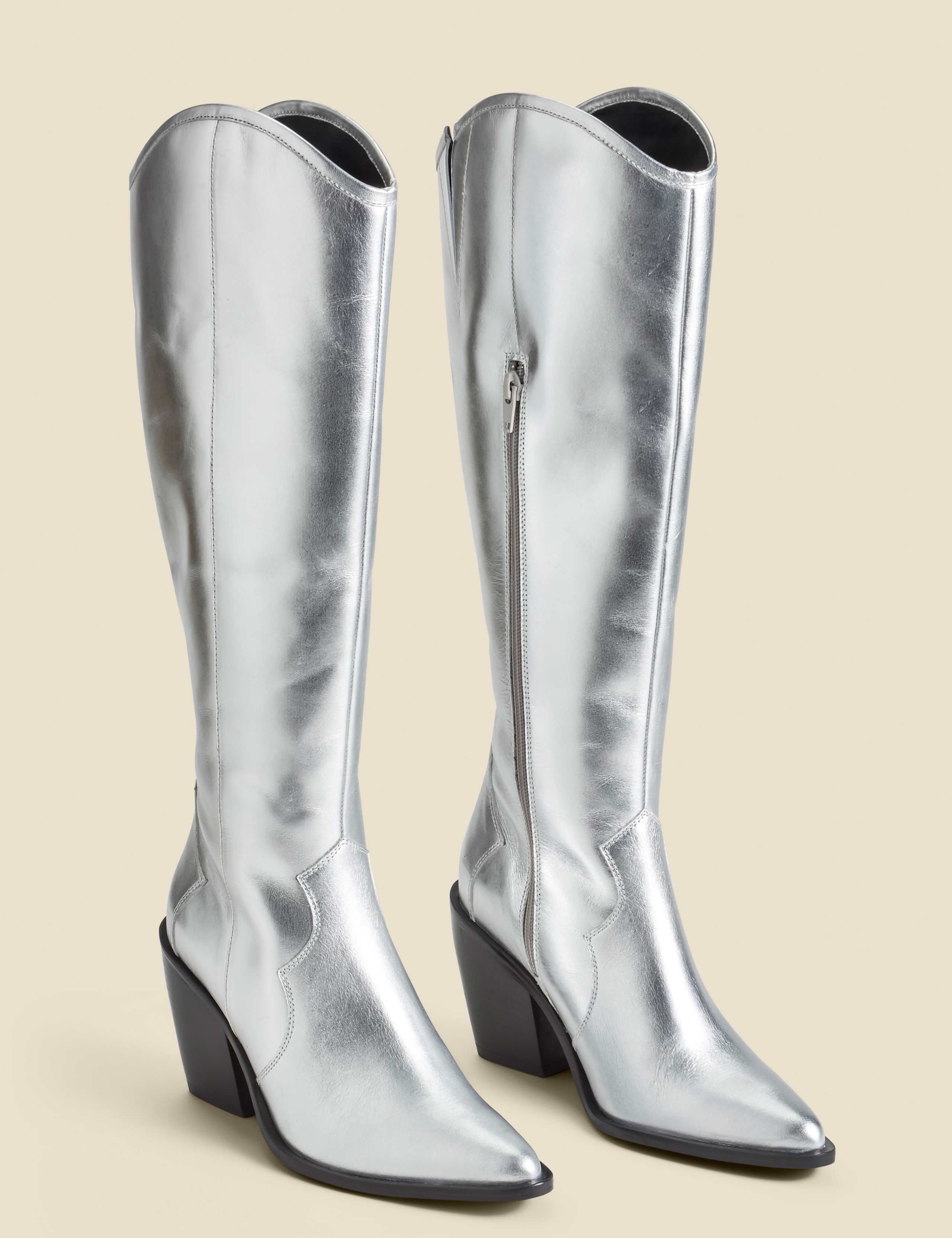 Leather Metallic Block Heel Knee High Boot 2 of 4