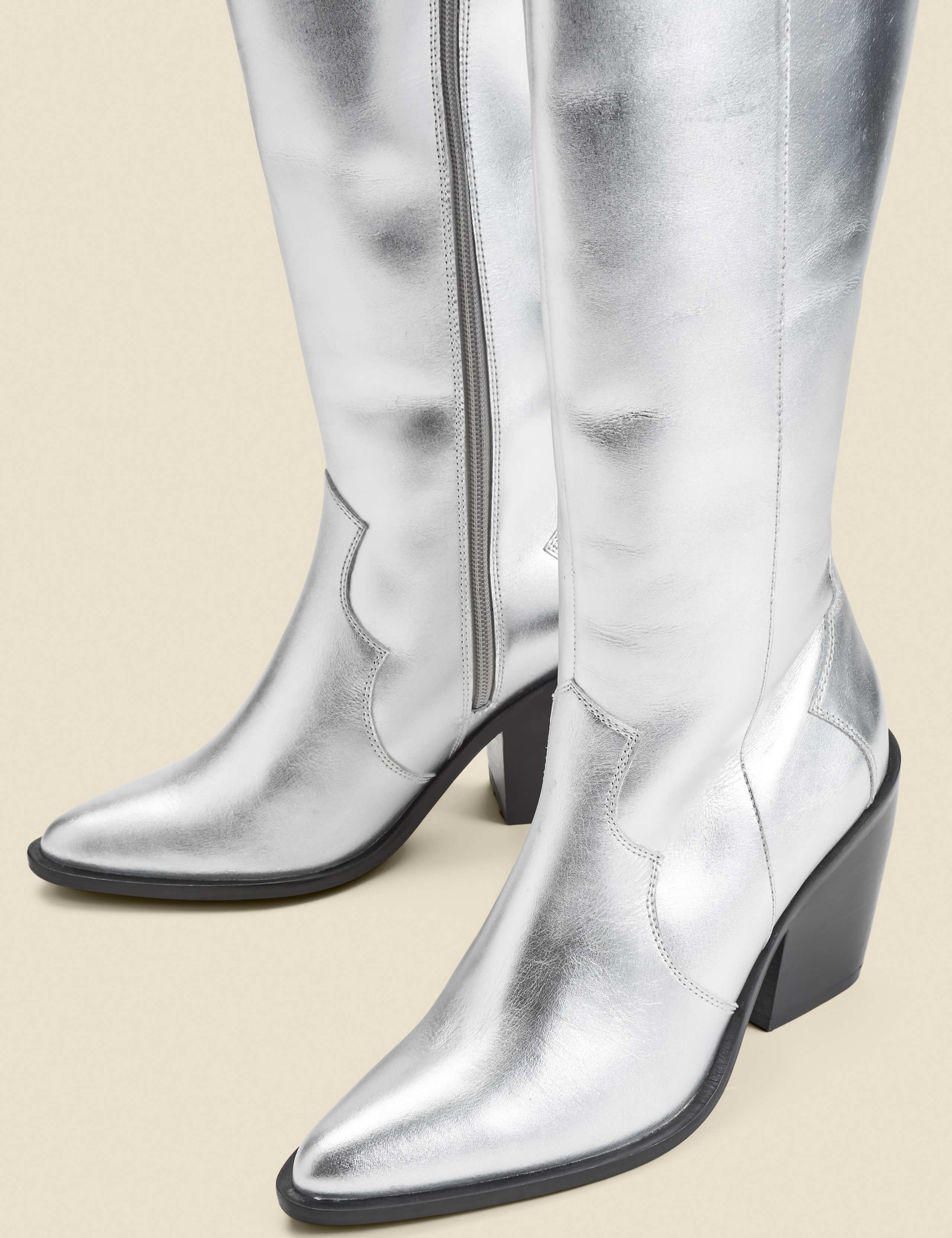 Leather Metallic Block Heel Knee High Boot 3 of 4