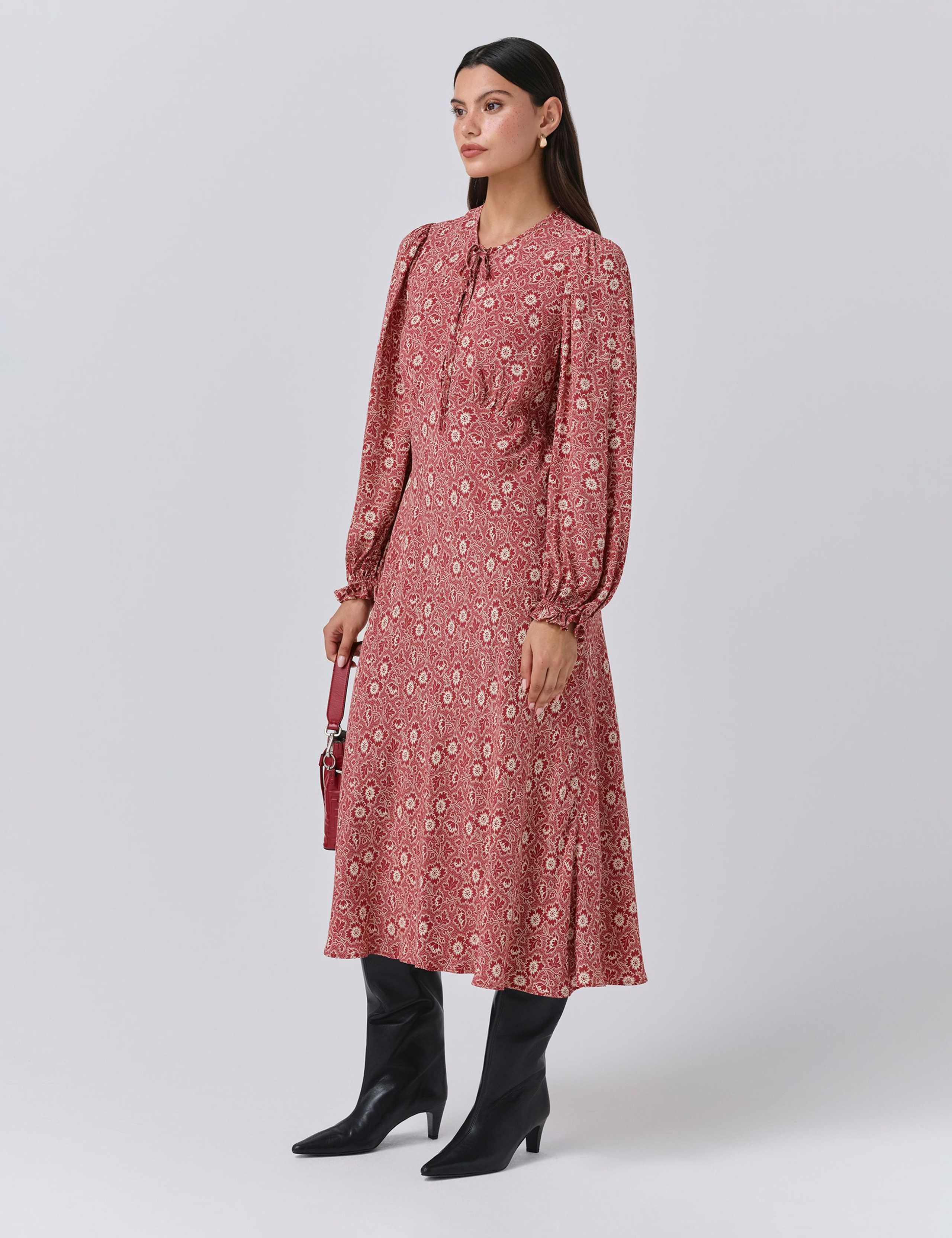 Crepe Floral Tie Front Midi Tea Dress 2 of 5