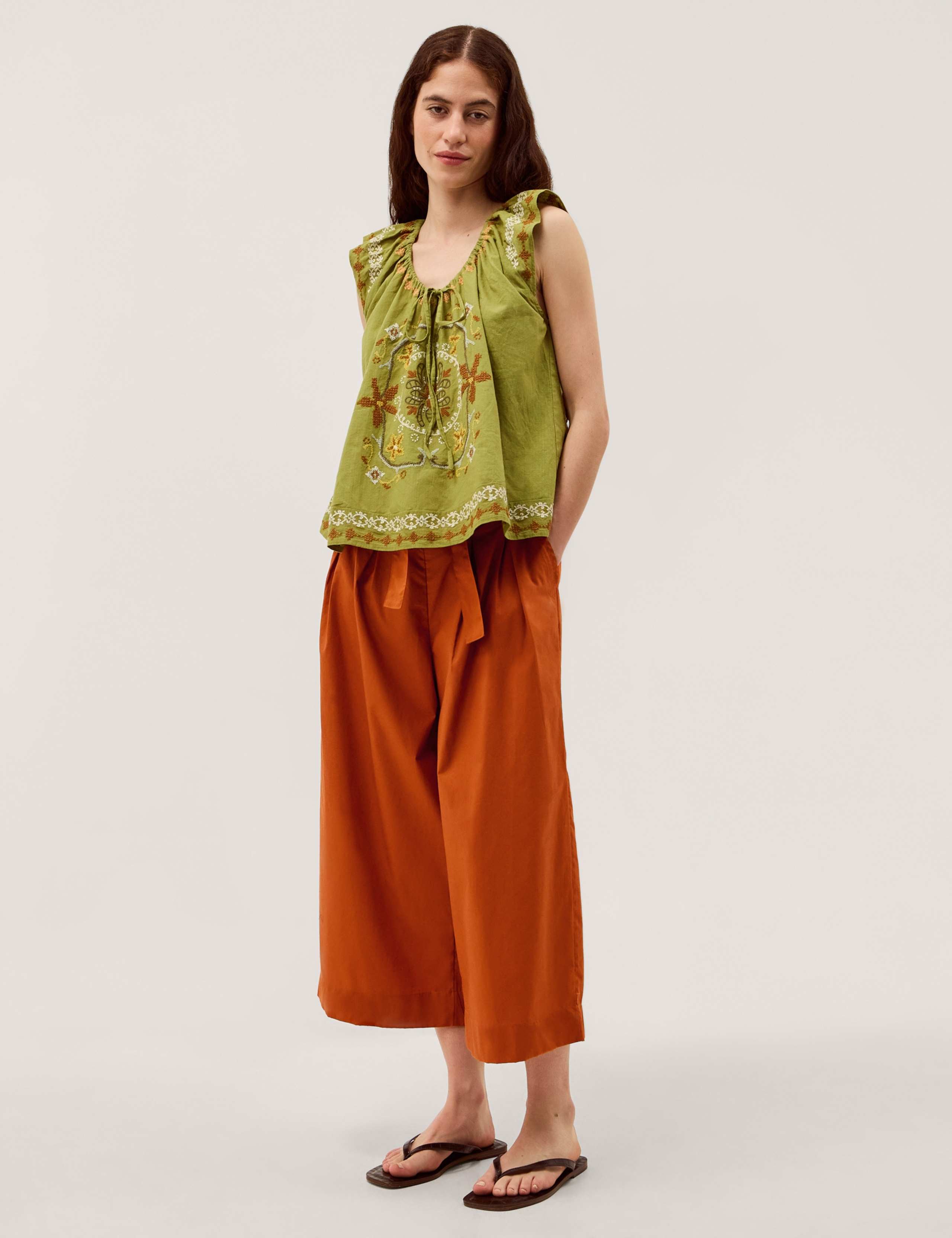 Pure Cotton Wide Leg Cropped Trousers 4 of 5