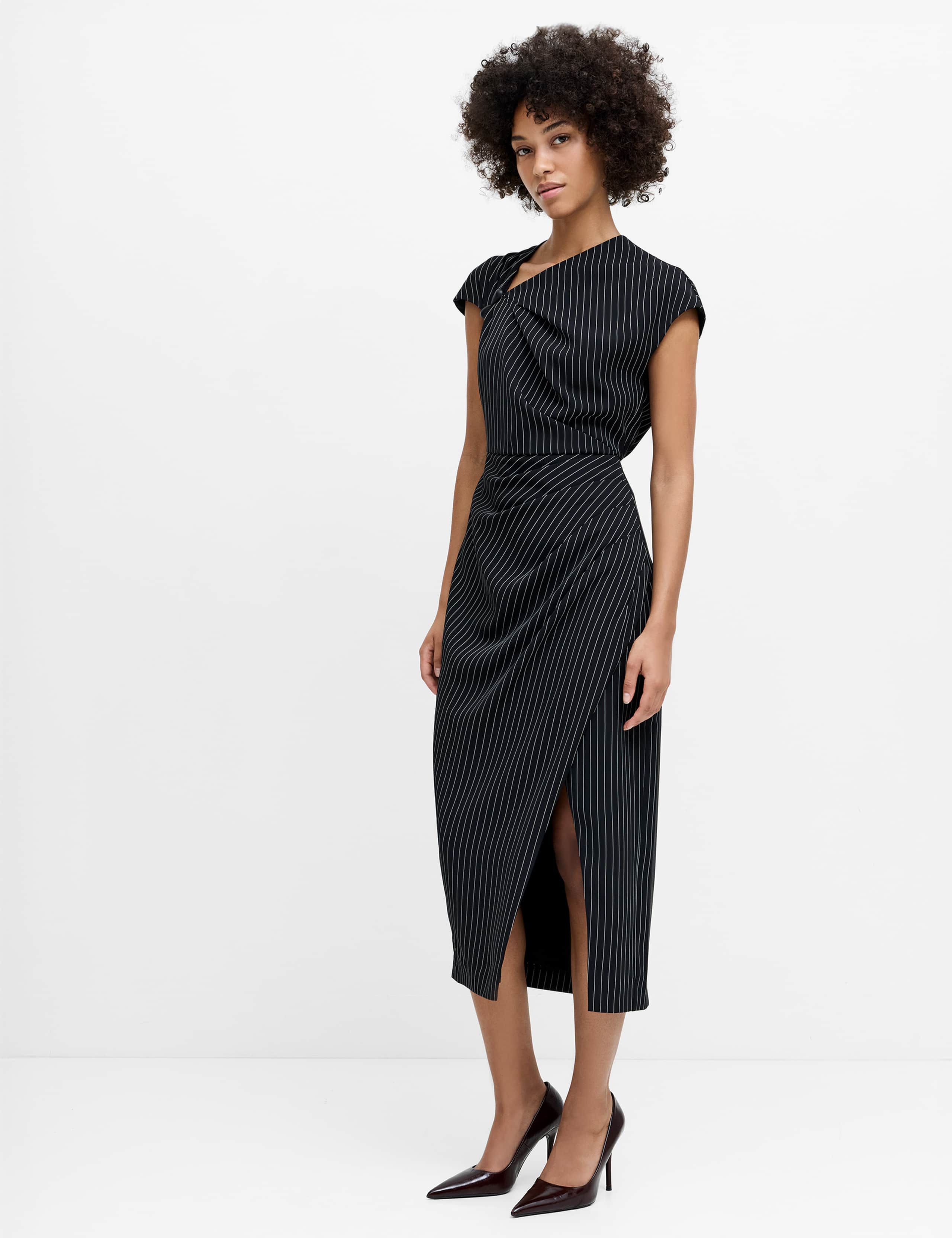 Pinstripe Cowl Neck Midi Tailored Dress 4 of 6