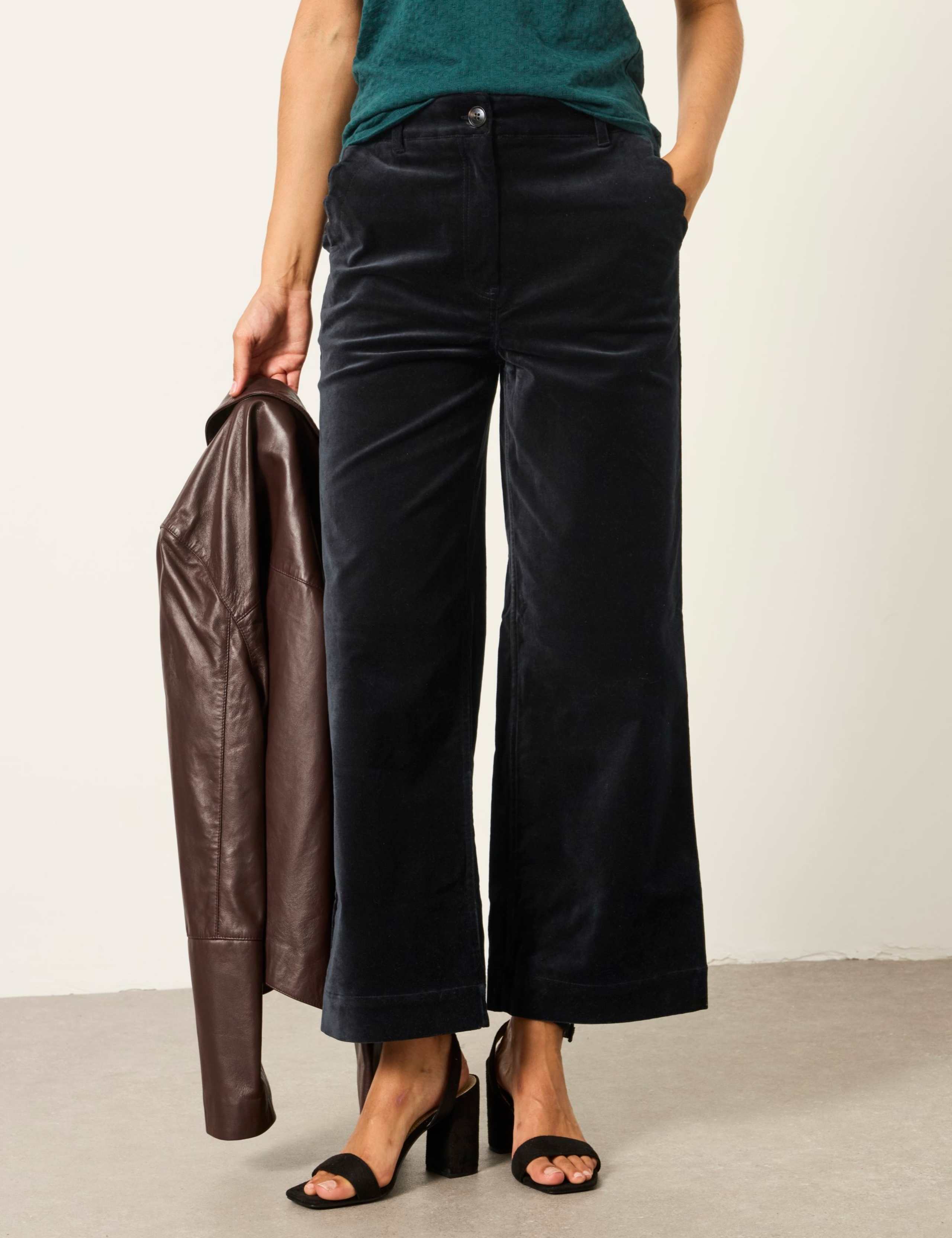 Velvet Textured Wide Leg Cropped Trousers 3 of 7