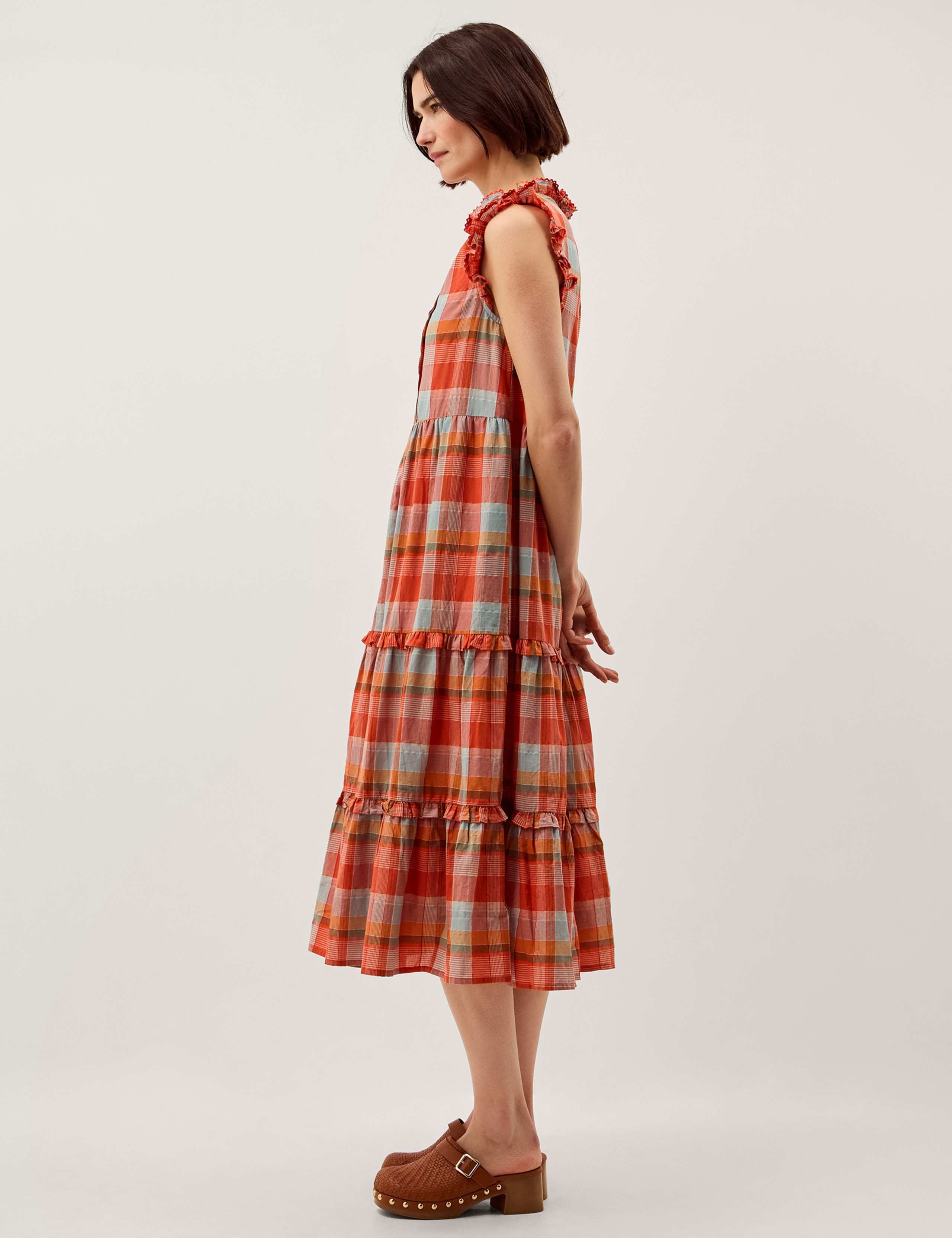 Cotton Rich Checked Notch Neck Midi Dress 1 of 4