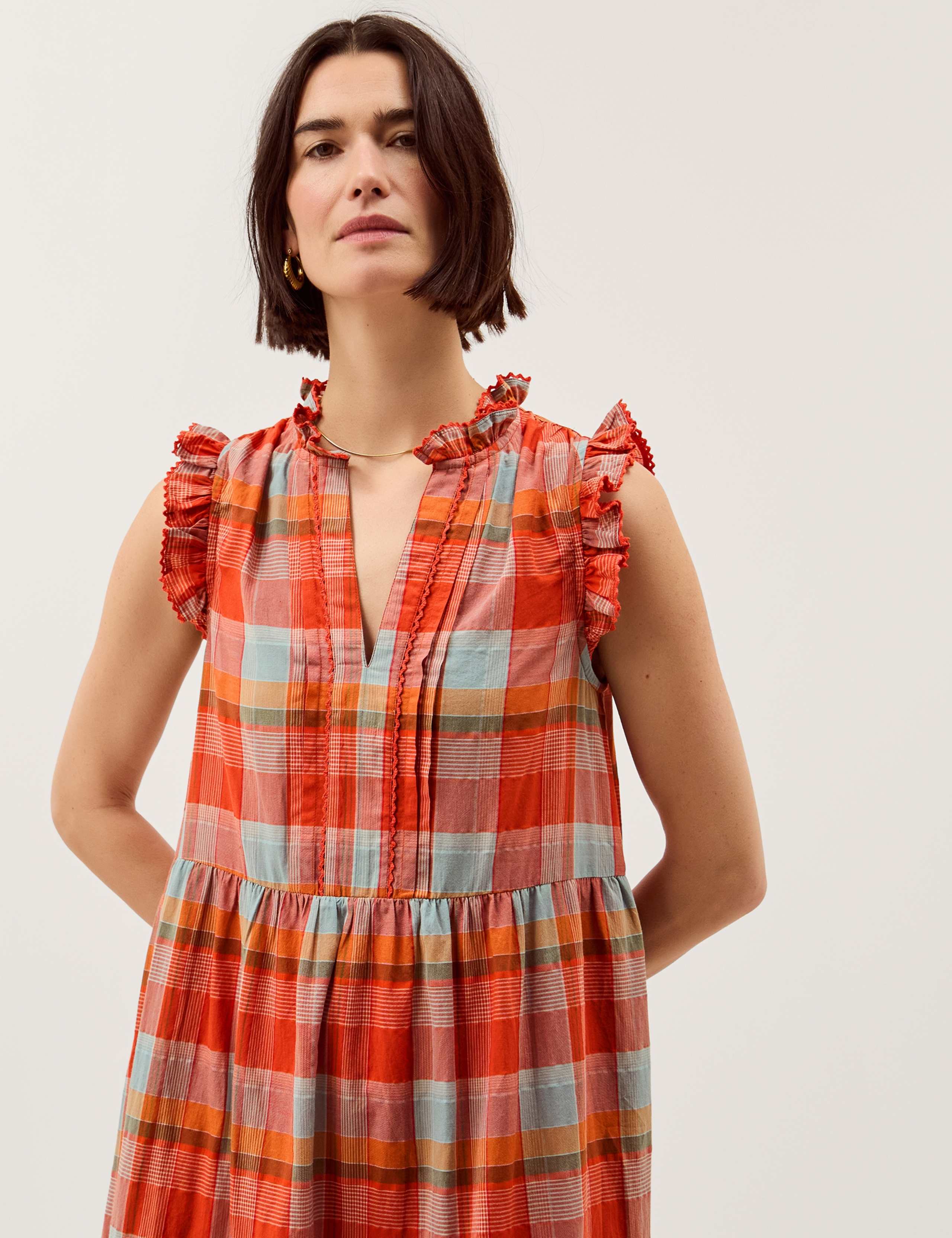 Cotton Rich Checked Notch Neck Midi Dress 3 of 4