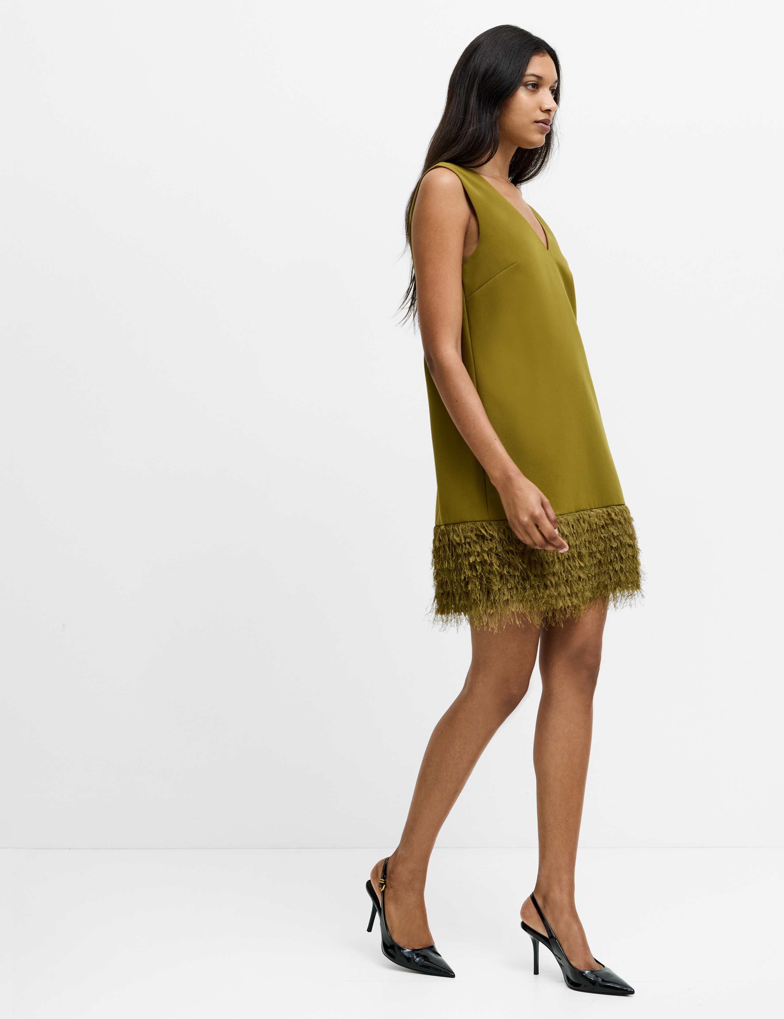 V-Neck Faux Feather Hem Mini Shift Dress 3 of 7