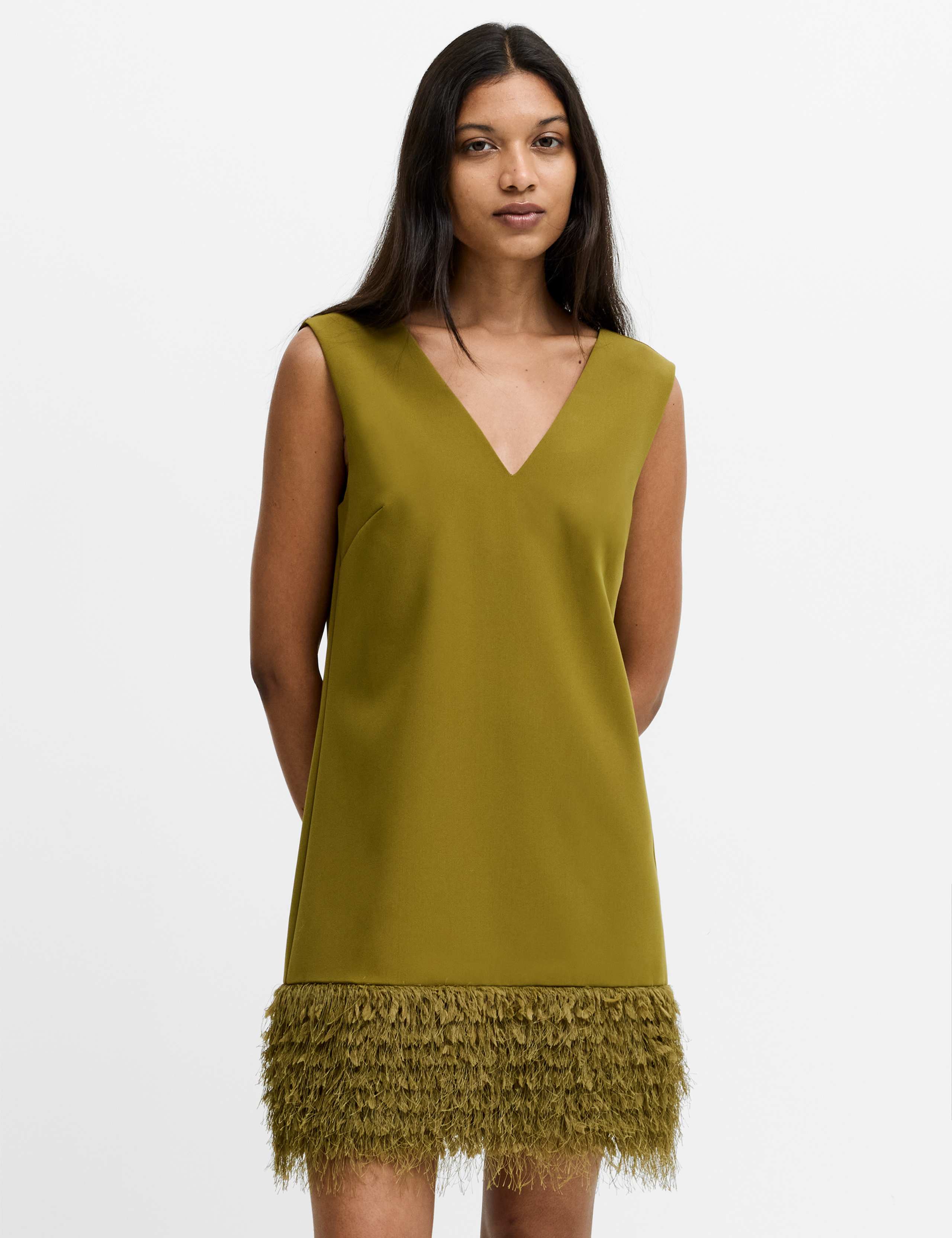 V-Neck Faux Feather Hem Mini Shift Dress 4 of 7