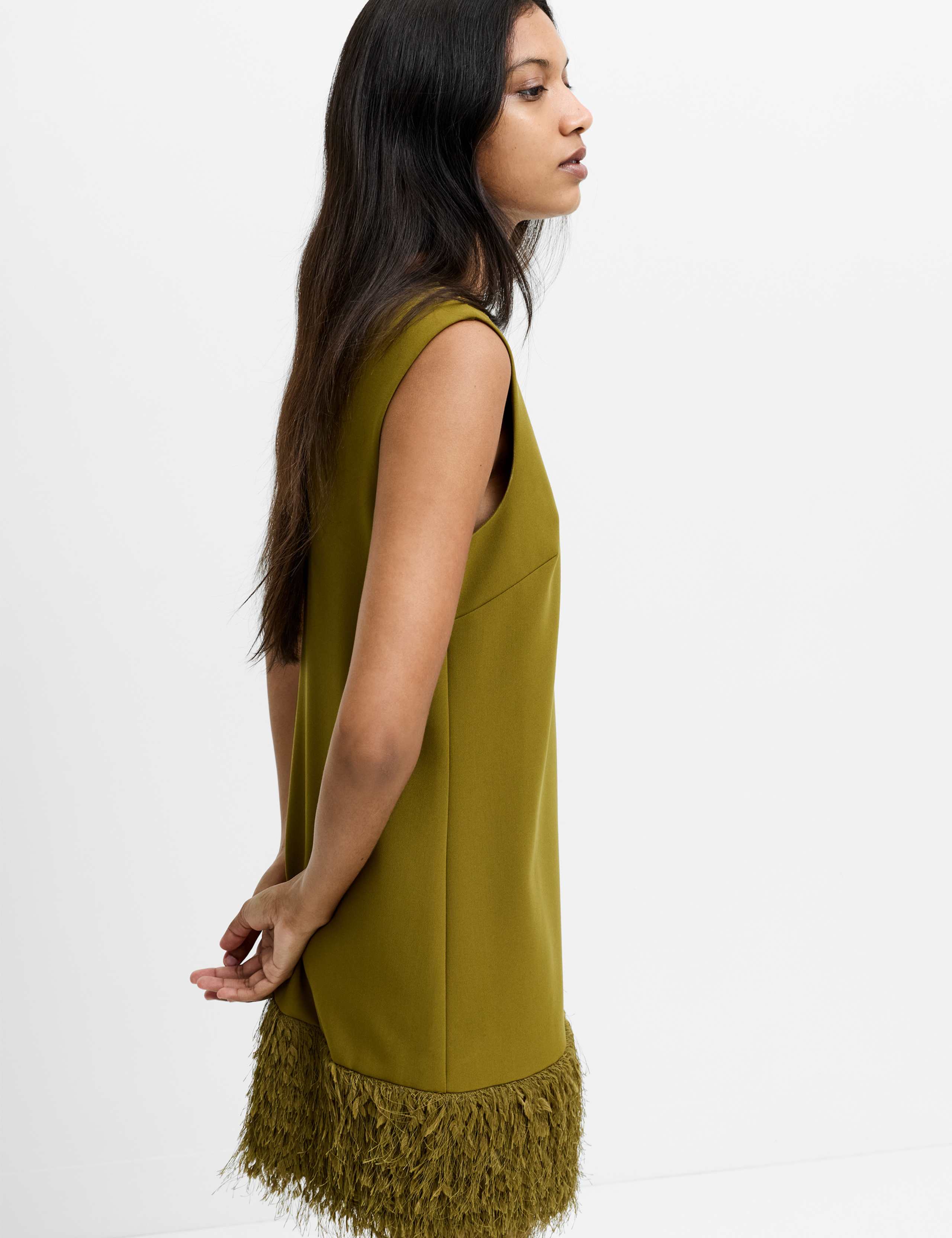 V-Neck Faux Feather Hem Mini Shift Dress 5 of 7