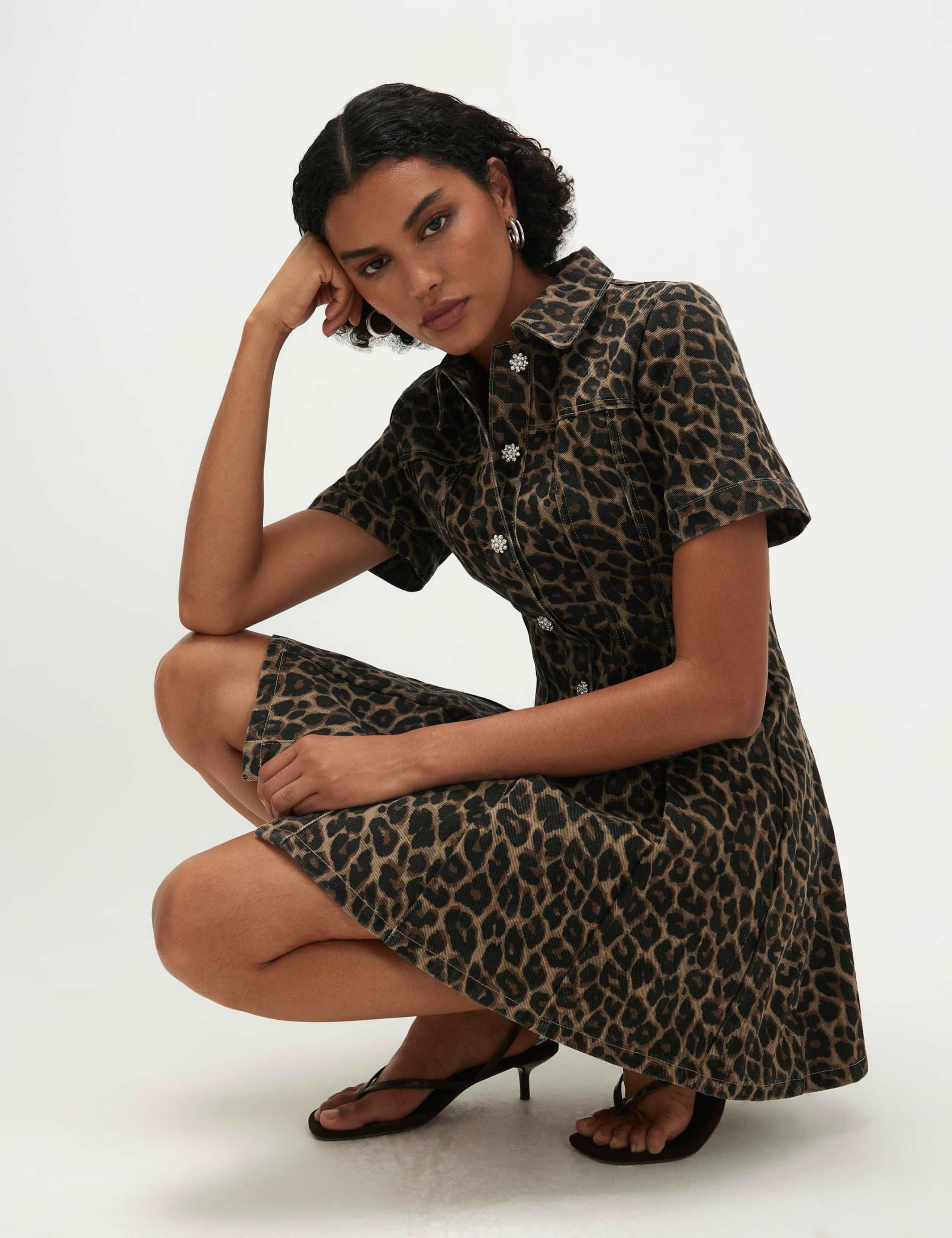 Denim Leopard Print Seam Front Mini Shirt Dress 1 of 5
