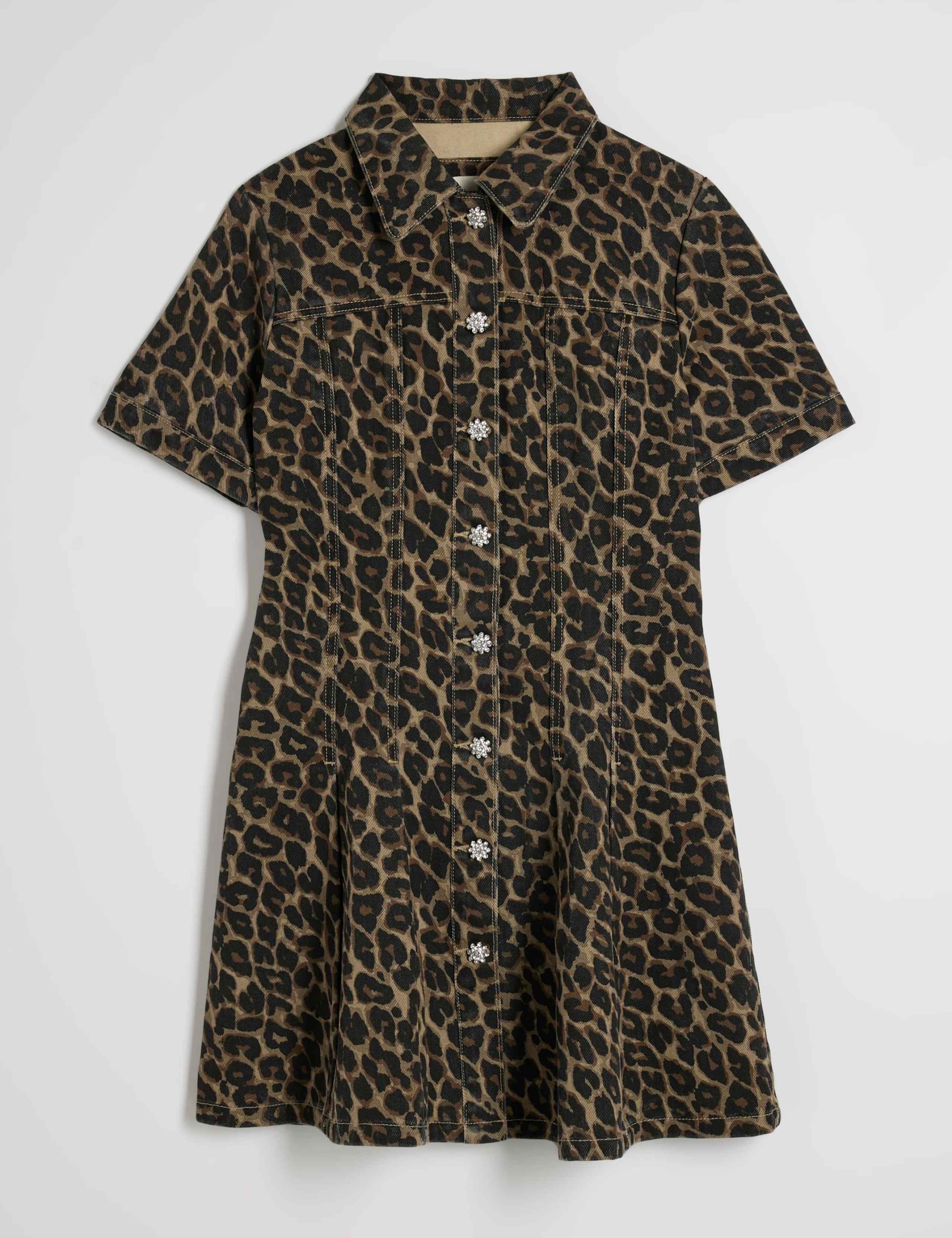 Denim Leopard Print Seam Front Mini Shirt Dress 4 of 5