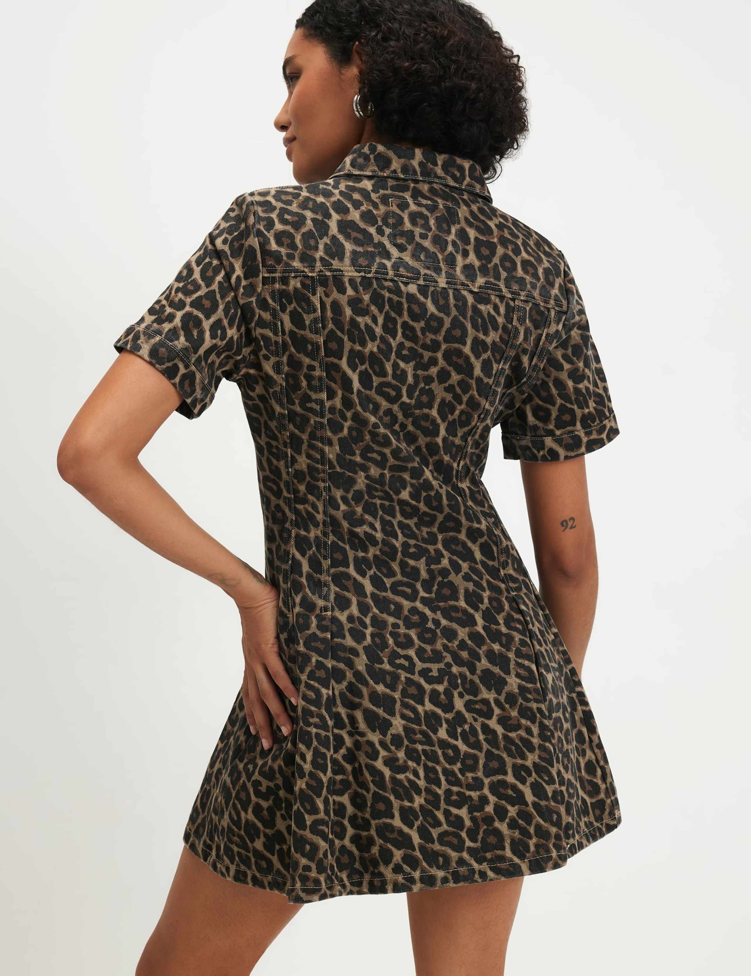 Denim Leopard Print Seam Front Mini Shirt Dress 5 of 5