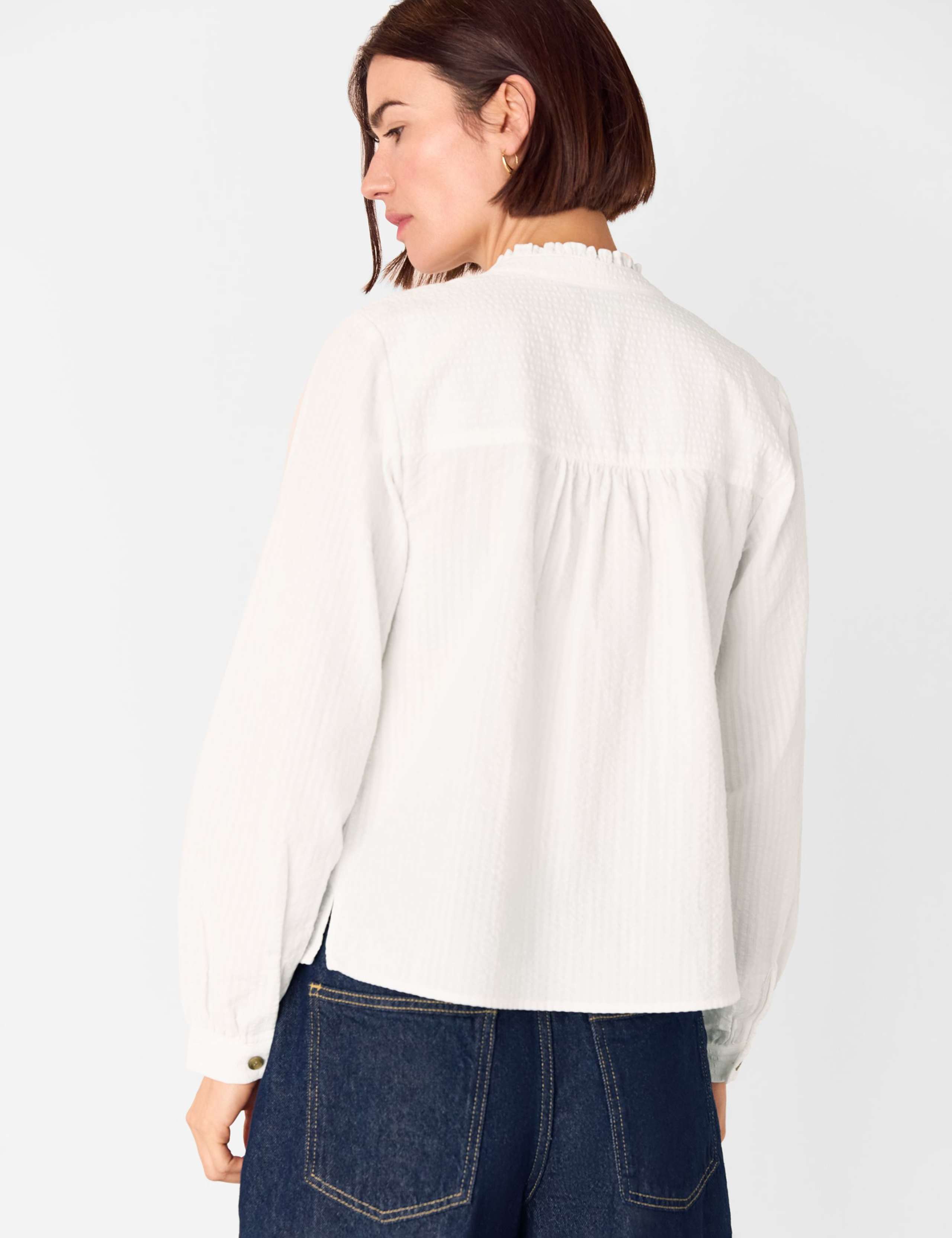 Pure Cotton Textured V-Neck Frill Blouse 4 of 4