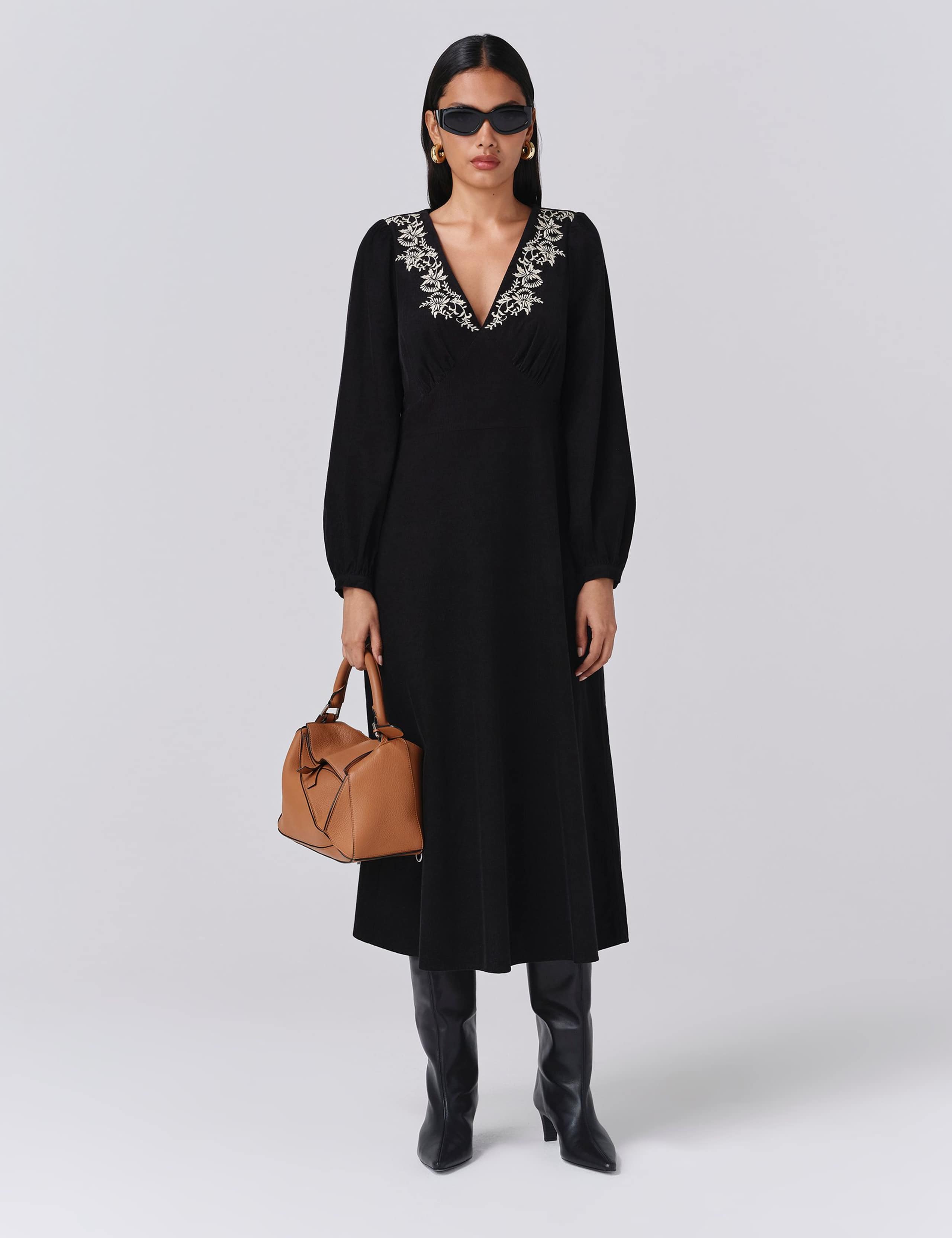 Cord Embroidered V-Neck Midi Skater Dress 1 of 5