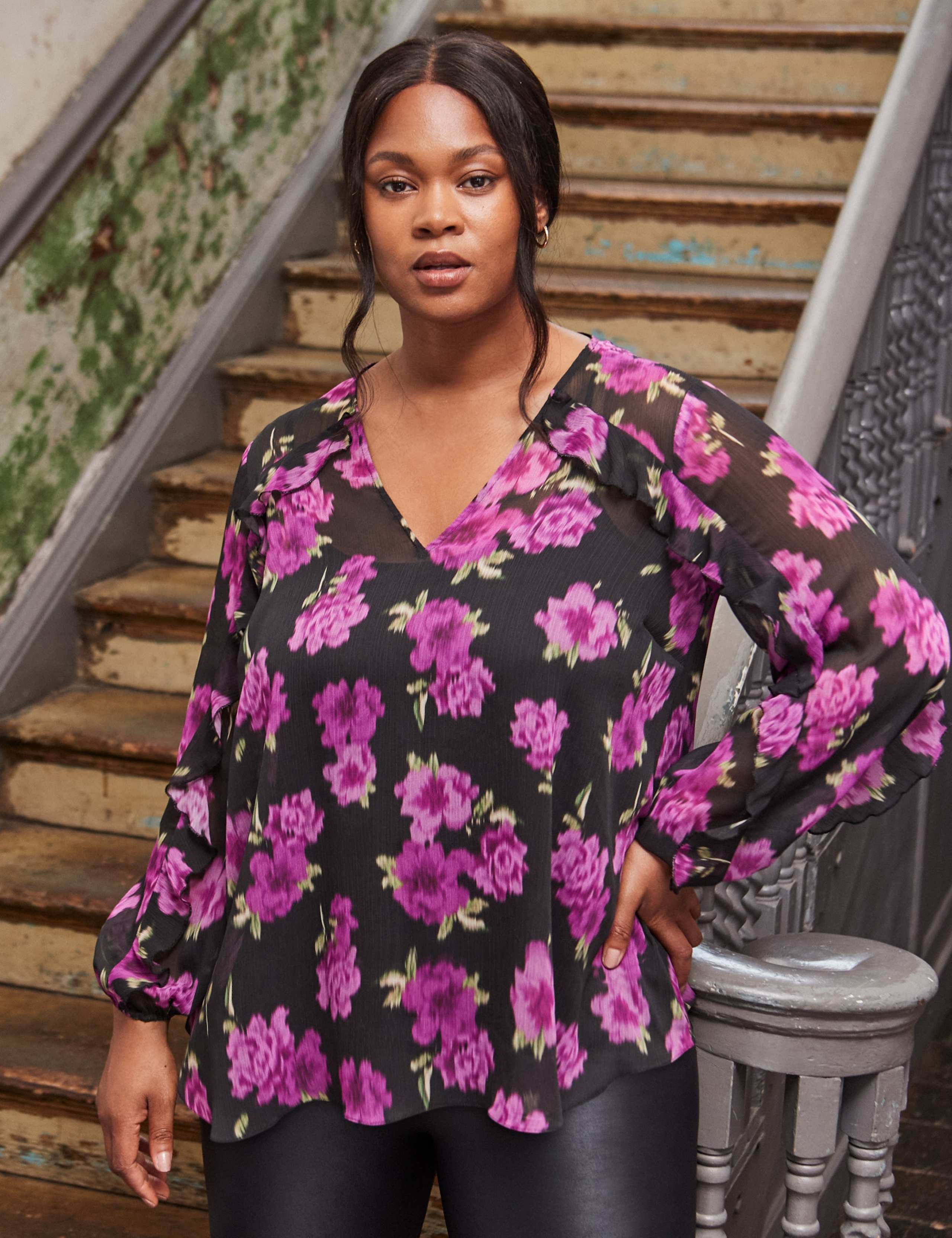 Floral Ruffle V-Neck Blouse 1 of 8