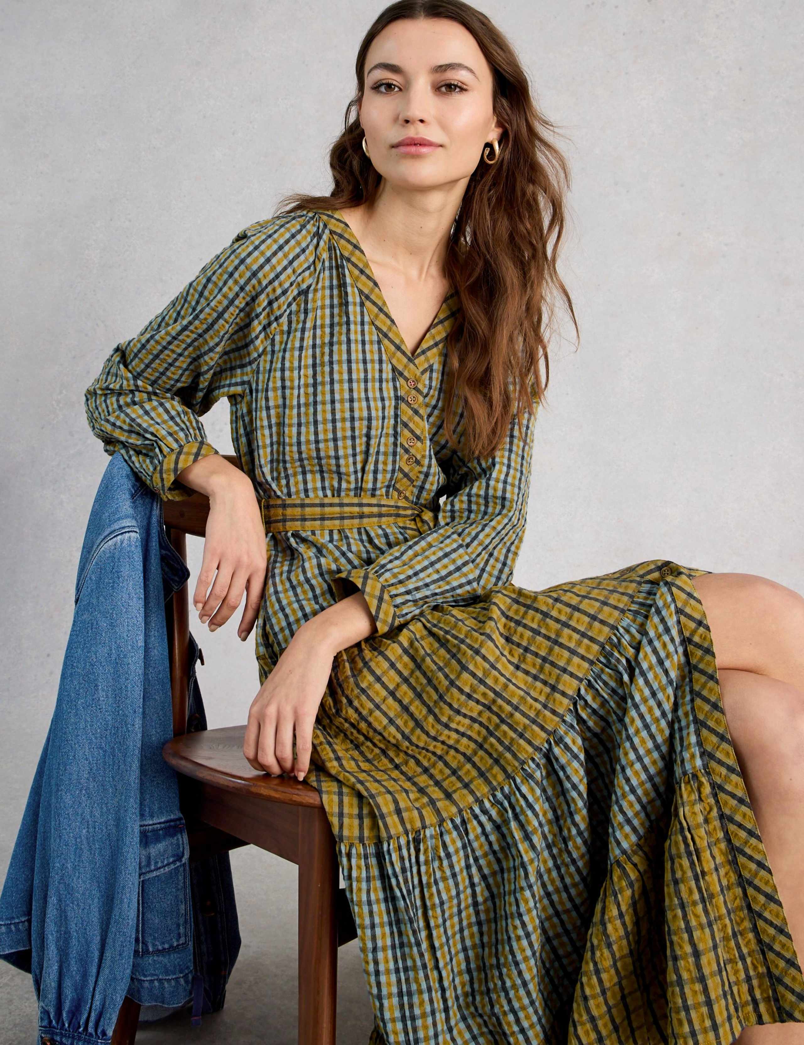 Pure Cotton Checked Midi Tiered Dress 3 of 6