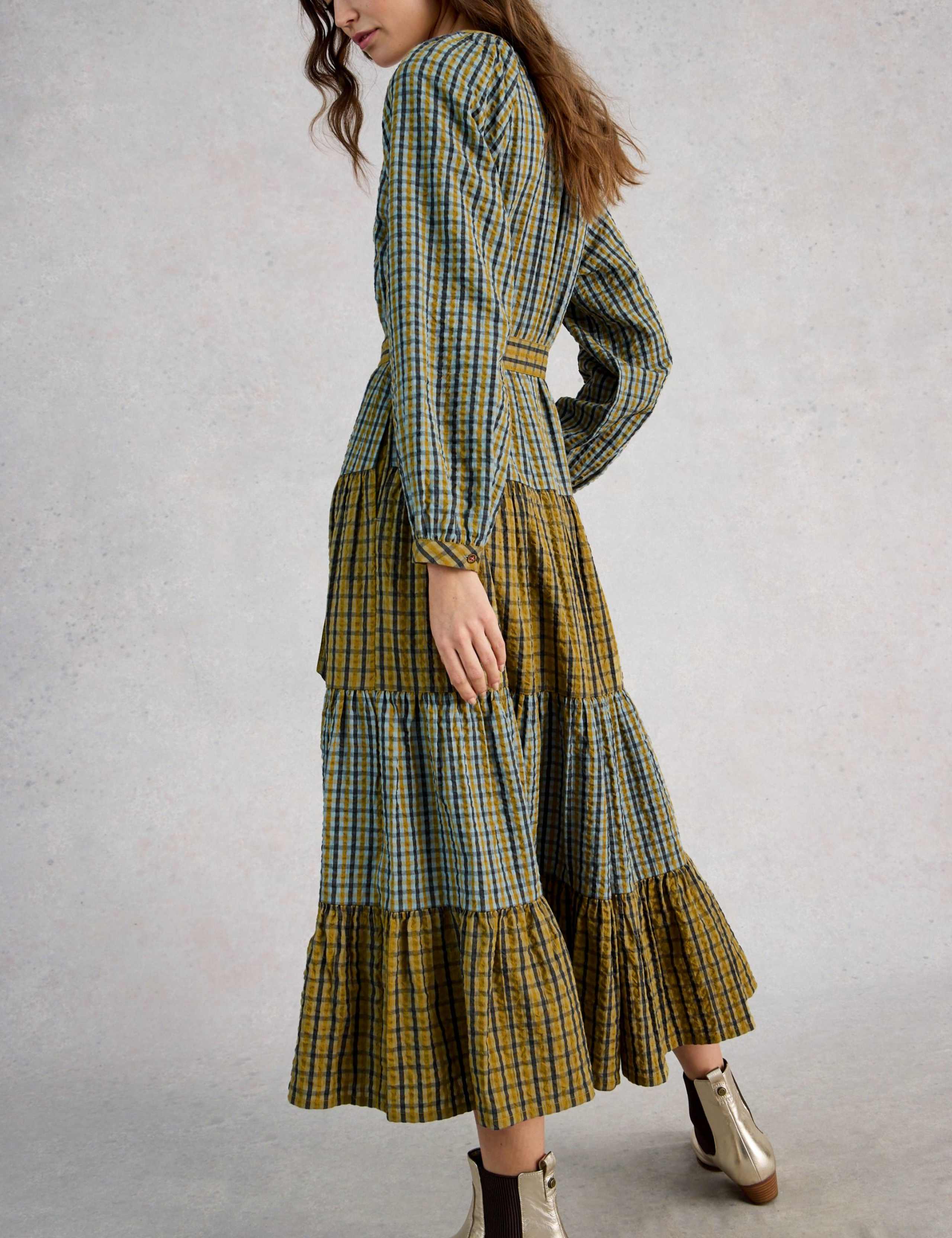 Pure Cotton Checked Midi Tiered Dress 4 of 6