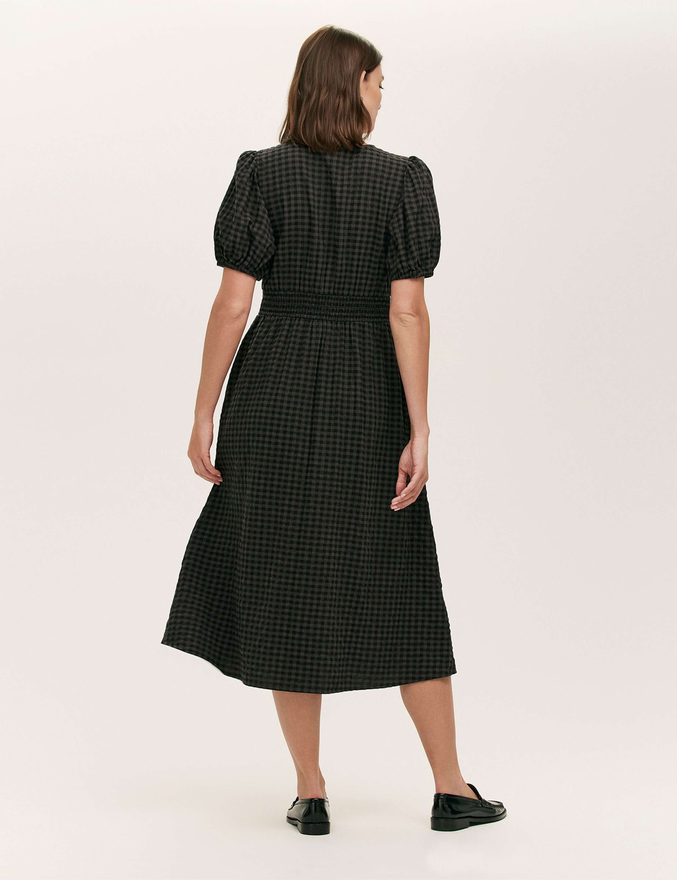 Cotton Blend Gingham Seersucker Midi Dress 2 of 4