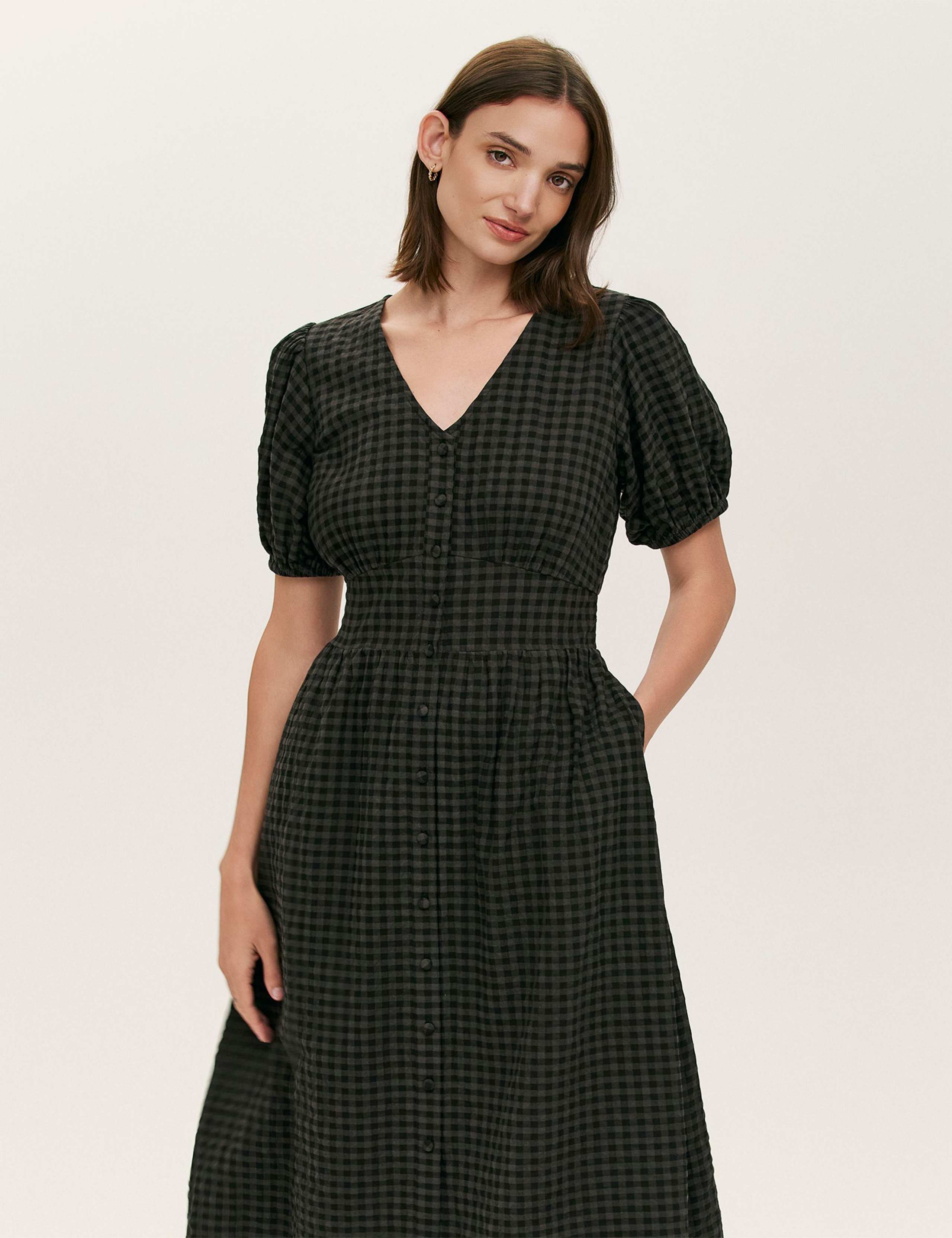 Cotton Blend Gingham Seersucker Midi Dress 3 of 4