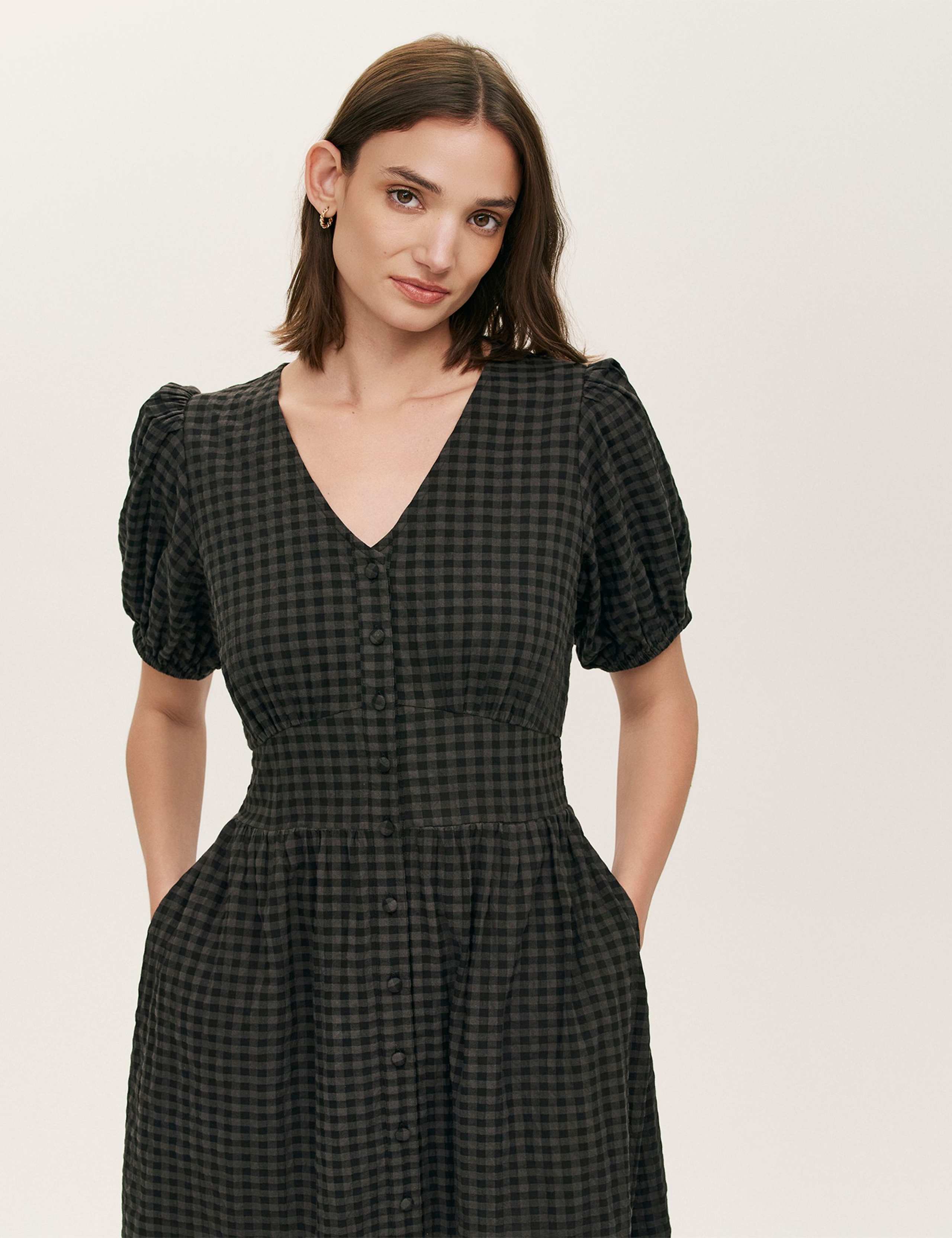 Cotton Blend Gingham Seersucker Midi Dress 4 of 4