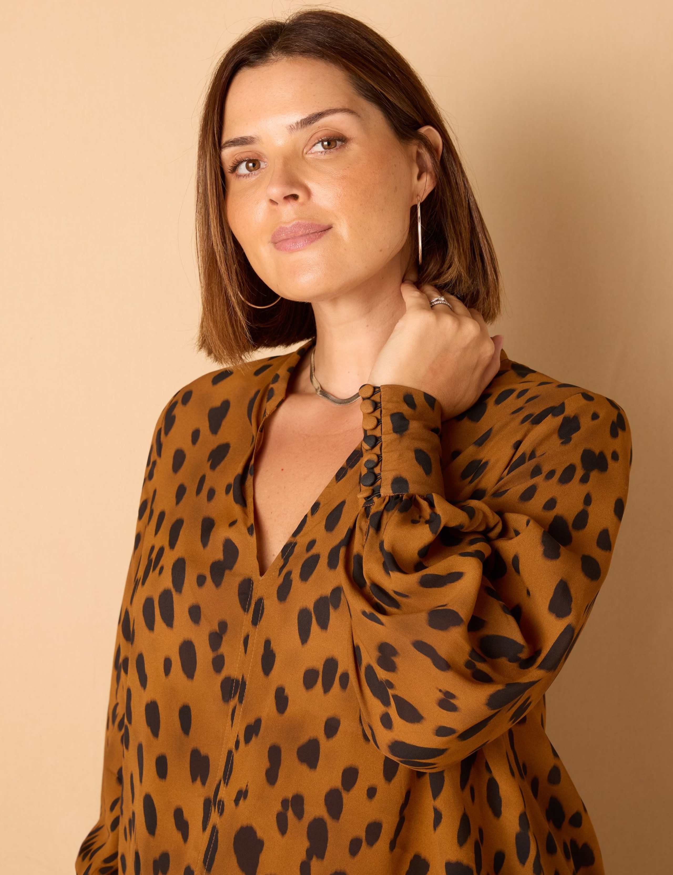 Animal Print Band Collar V-Neck Blouse 2 of 5