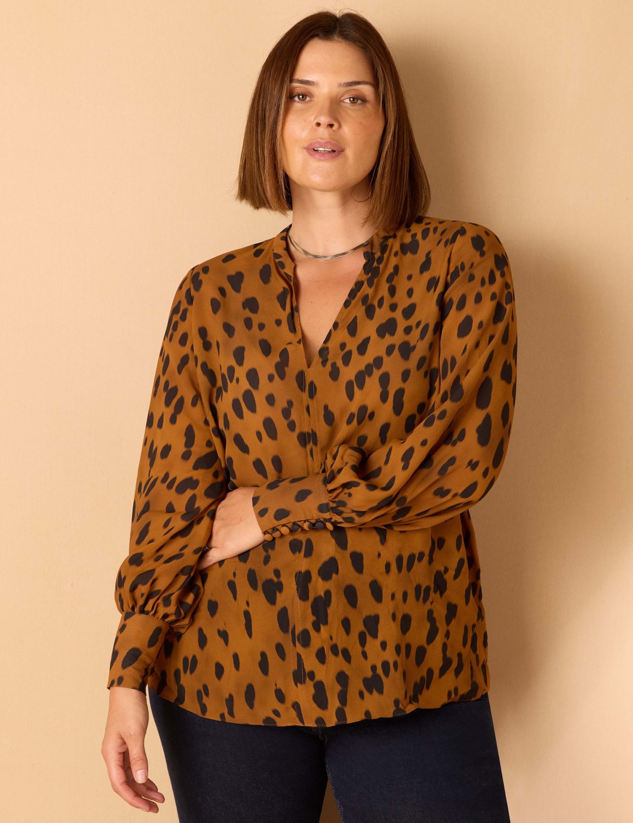 Animal Print Band Collar V-Neck Blouse 3 of 5