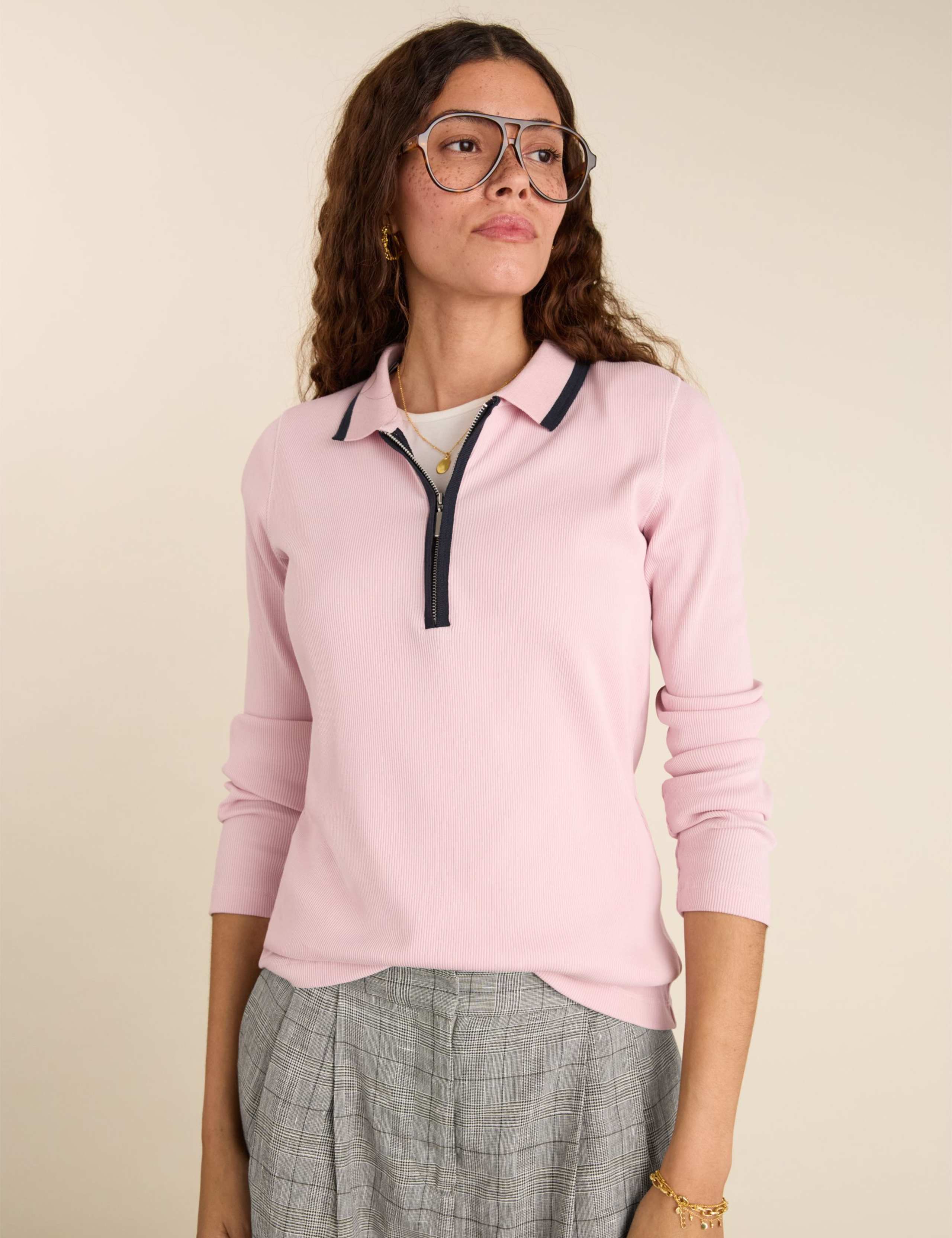 Pure Cotton Ribbed Collared Half Zip Top 3 of 4