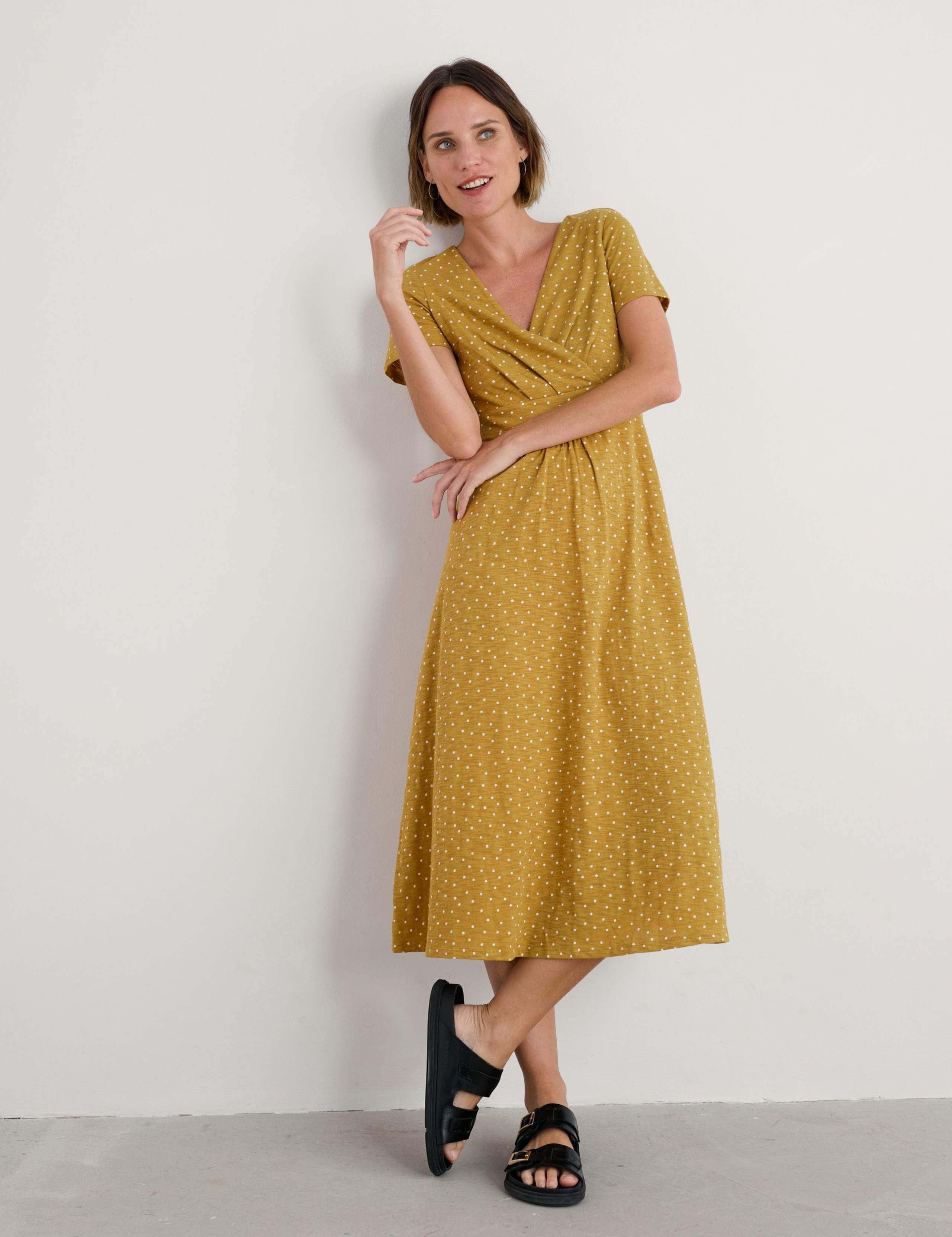 Pure Cotton Jersey Polka Dot V-Neck Midi Dress 3 of 4