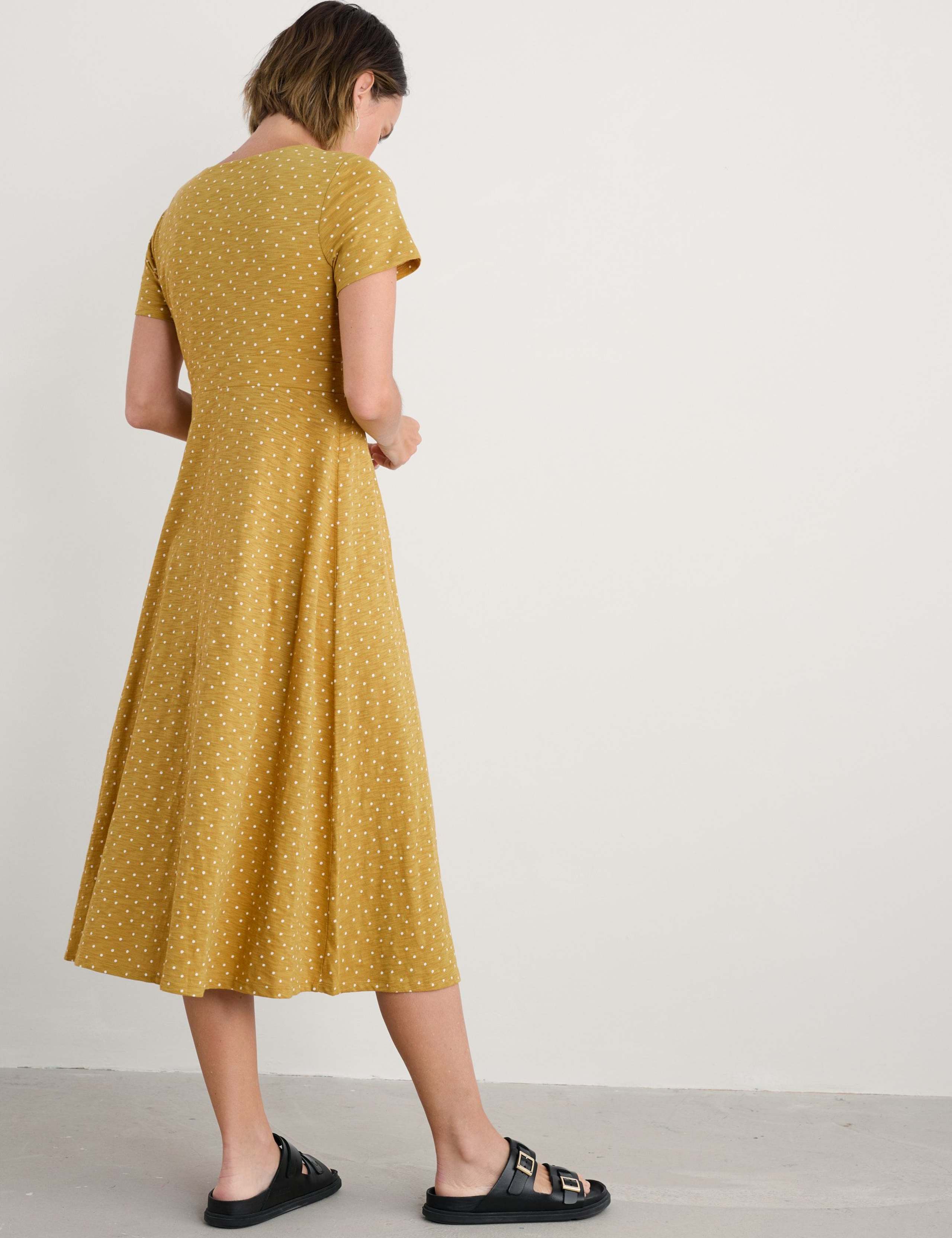 Pure Cotton Jersey Polka Dot V-Neck Midi Dress 4 of 4