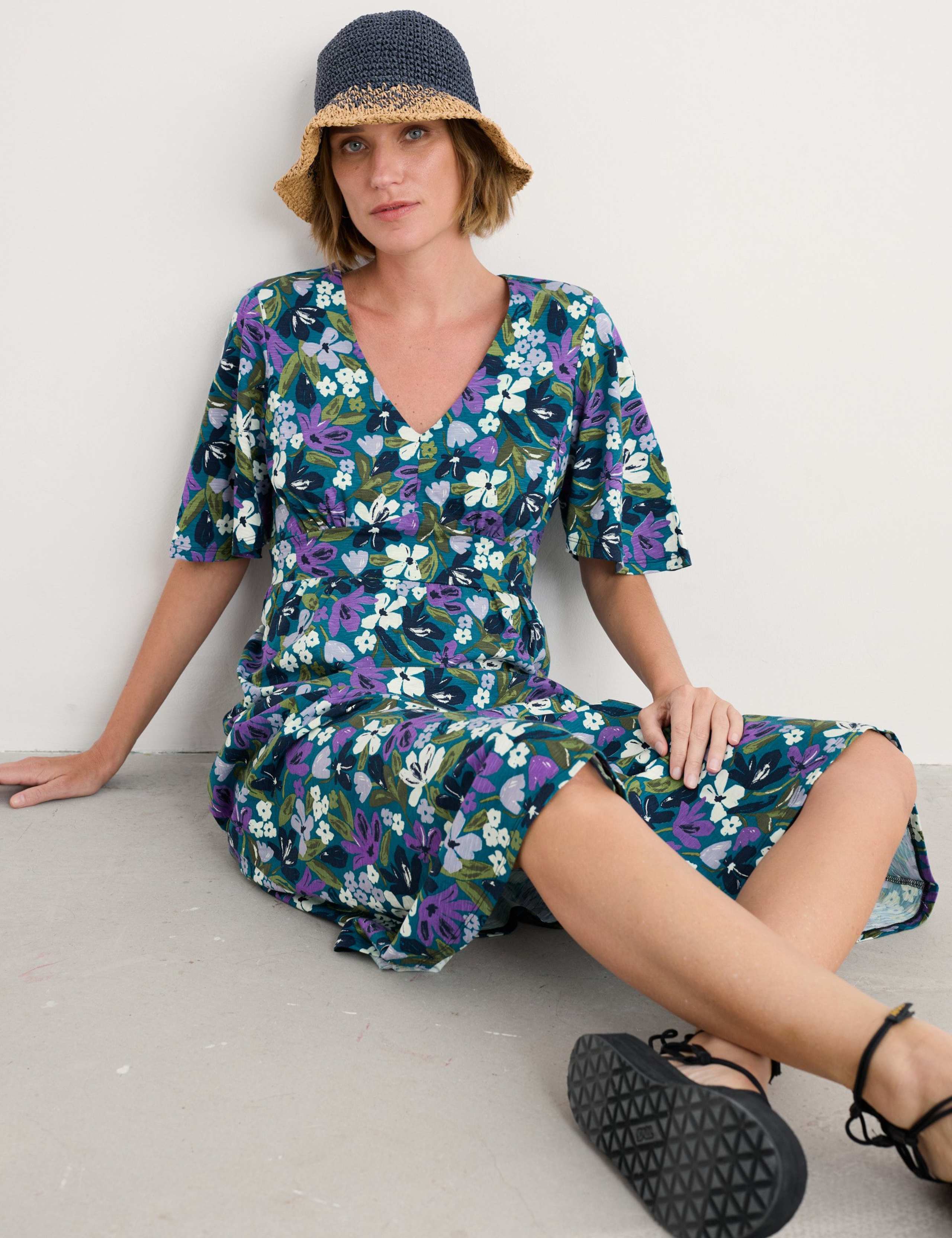 Pure Cotton Floral V-Neck Maxi Waisted Dress 3 of 4