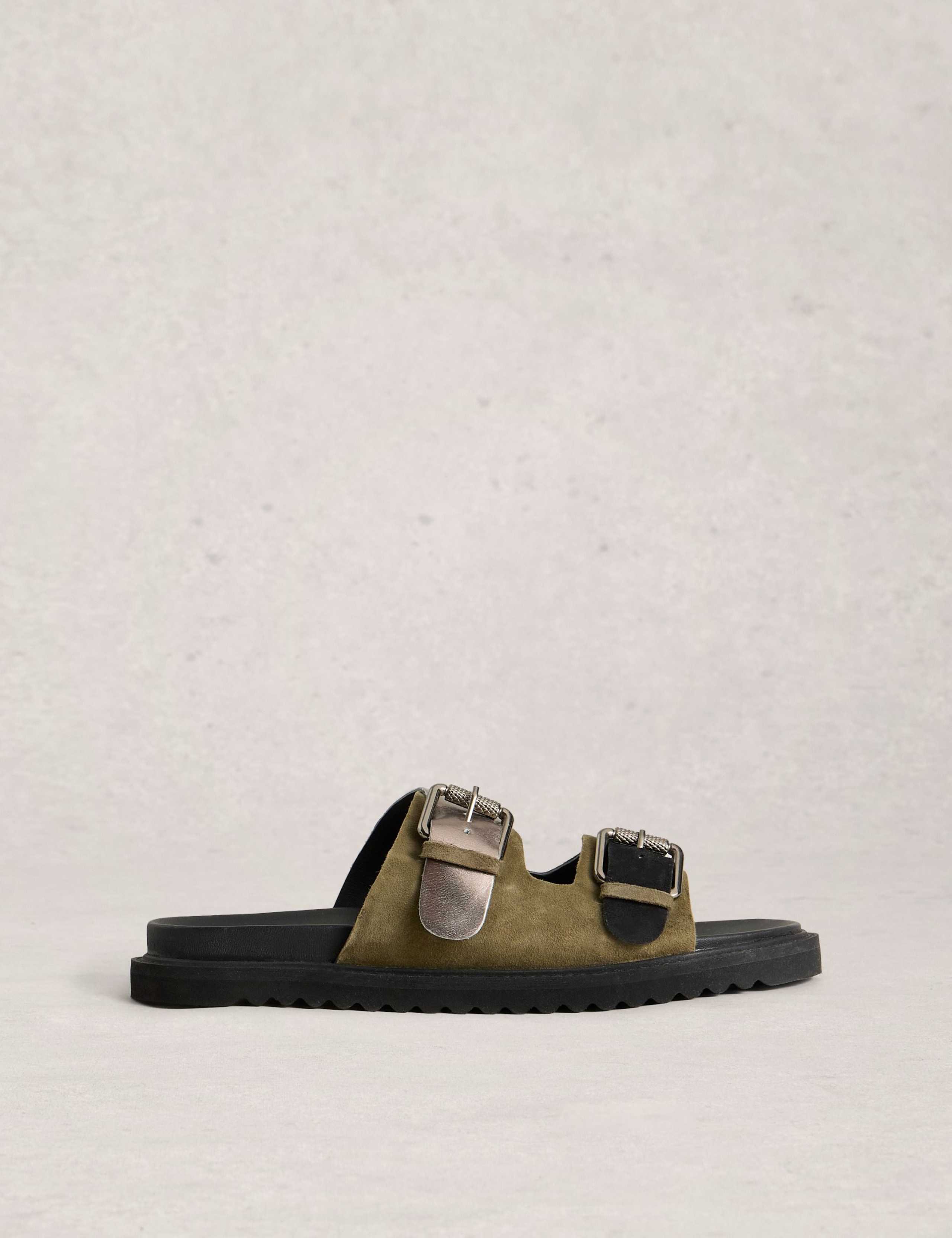 Leather Metallic Buckle Foodbed Flat Sliders 1 of 4