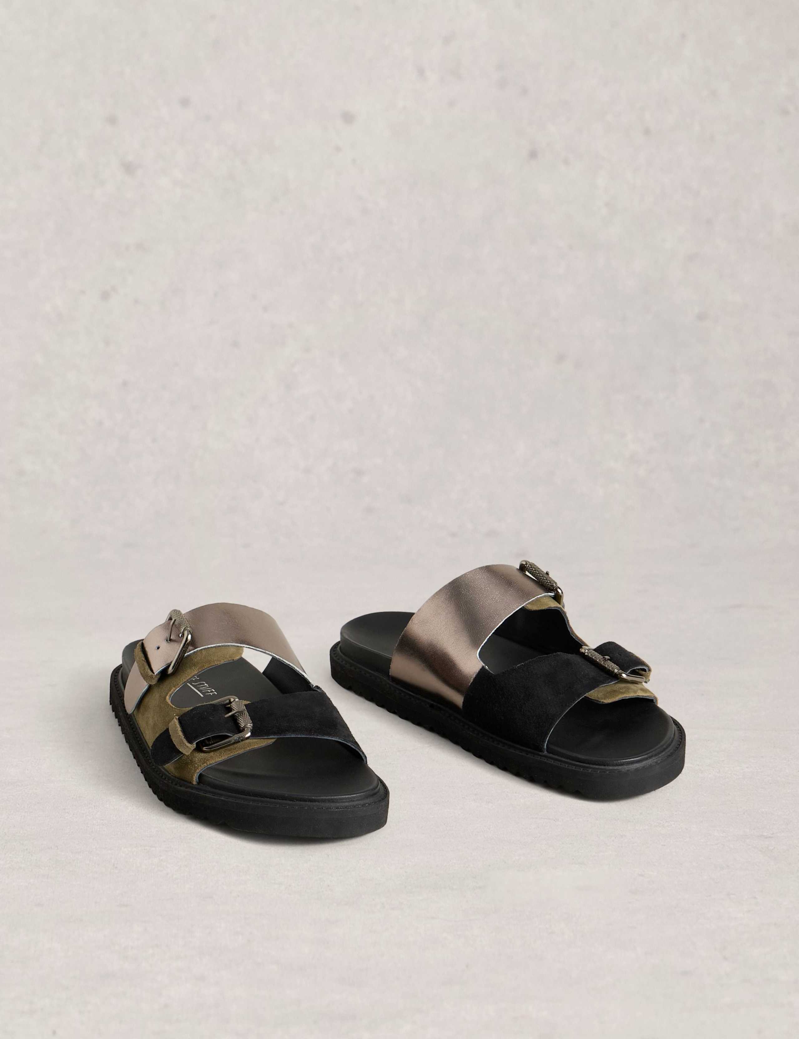 Leather Metallic Buckle Foodbed Flat Sliders 2 of 4