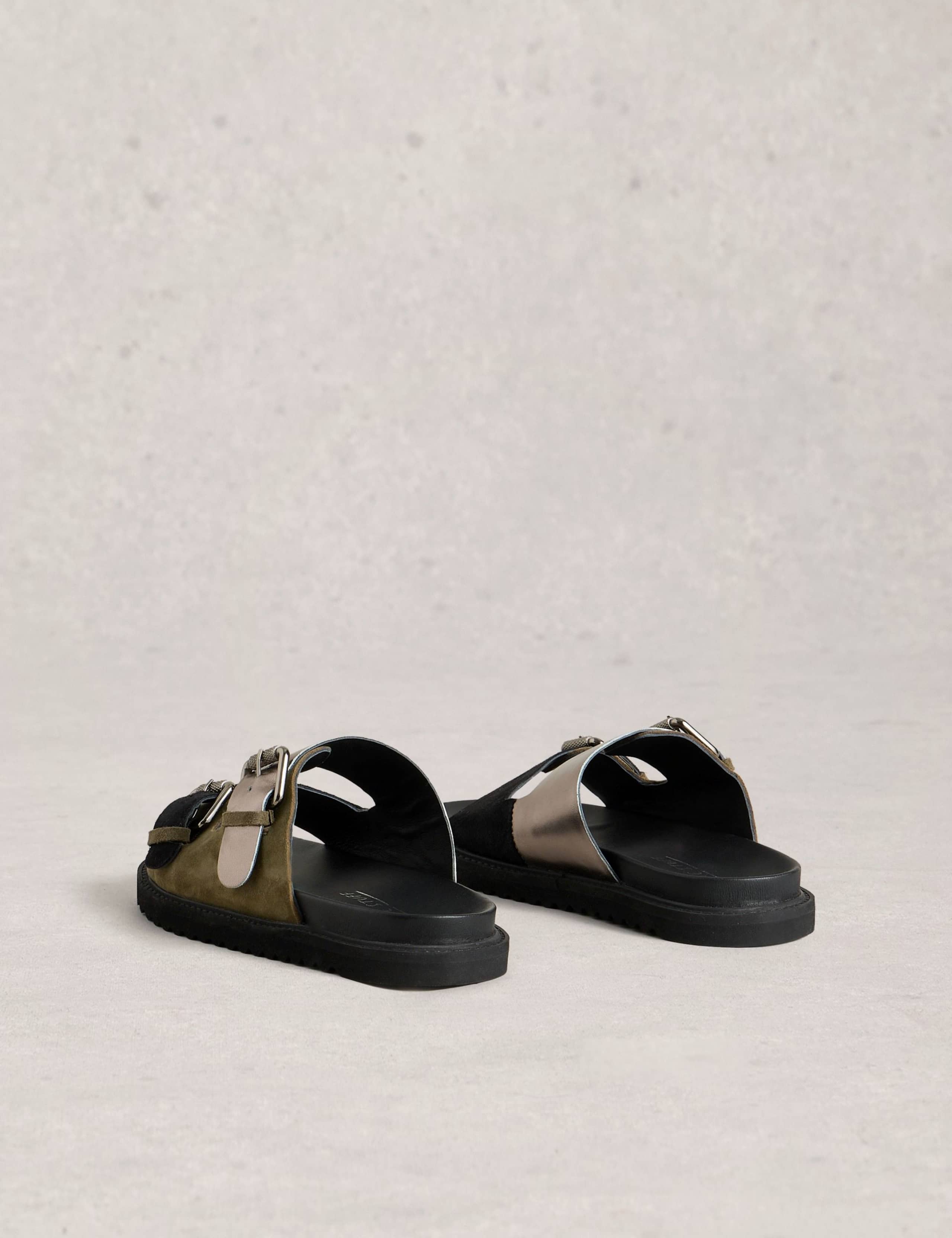 Leather Metallic Buckle Foodbed Flat Sliders 4 of 4