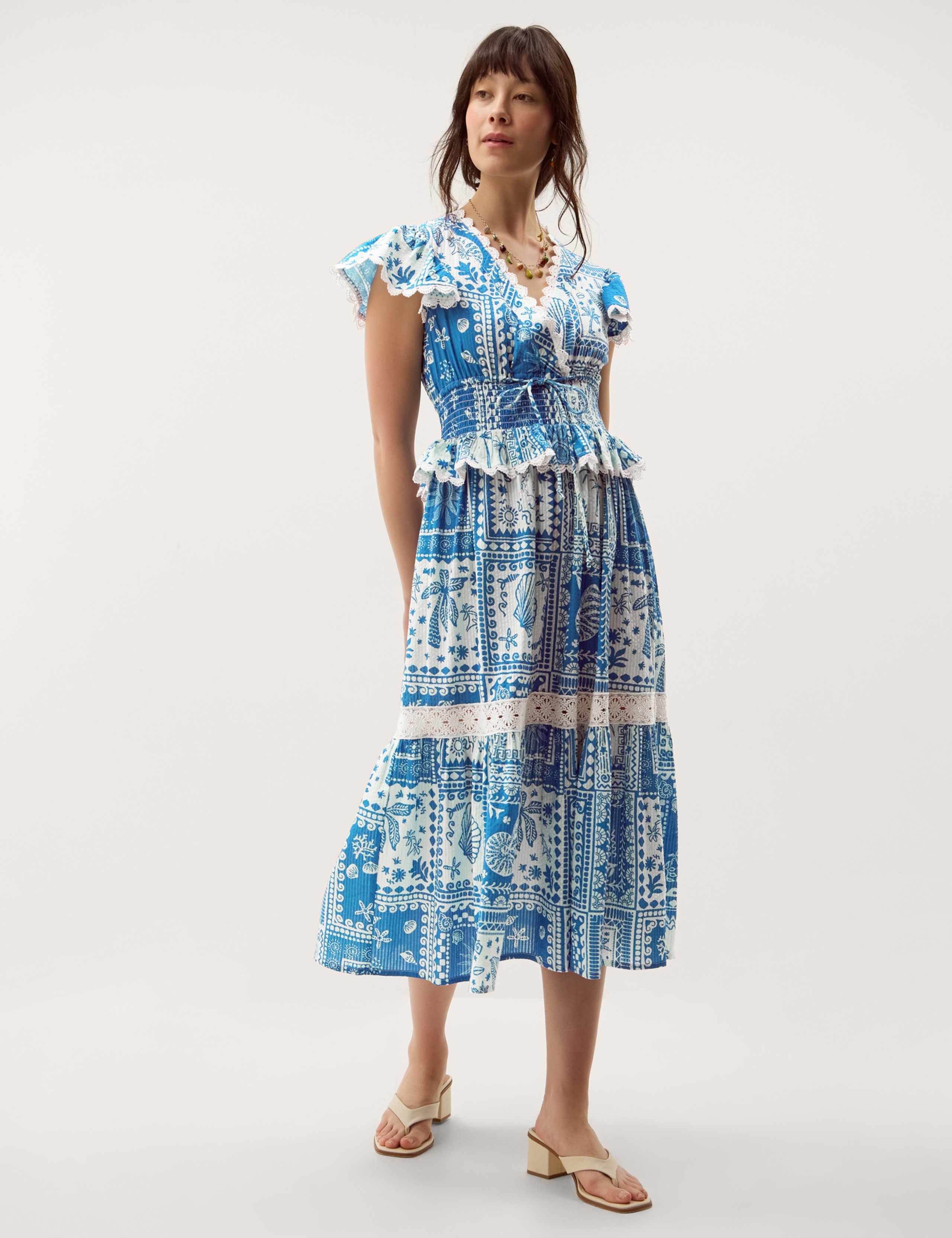 Pure Cotton Geometric V-Neck Midi Dress 1 of 5