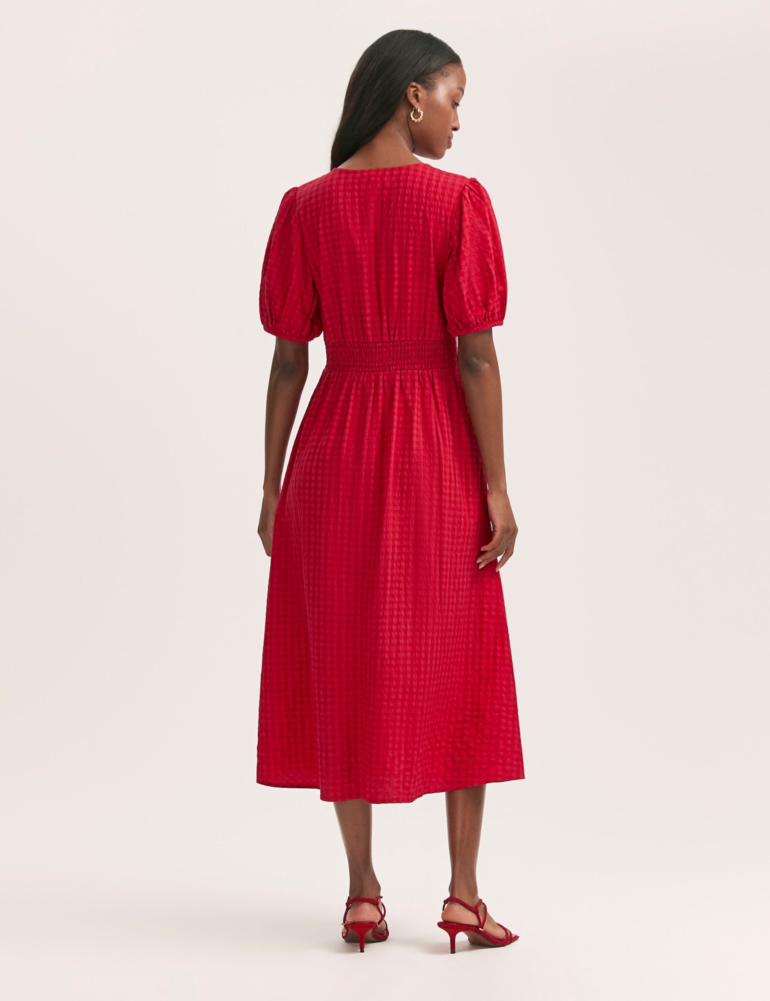 Cotton Blend Gingham V-Neck Midi Tea Dress 2 of 4