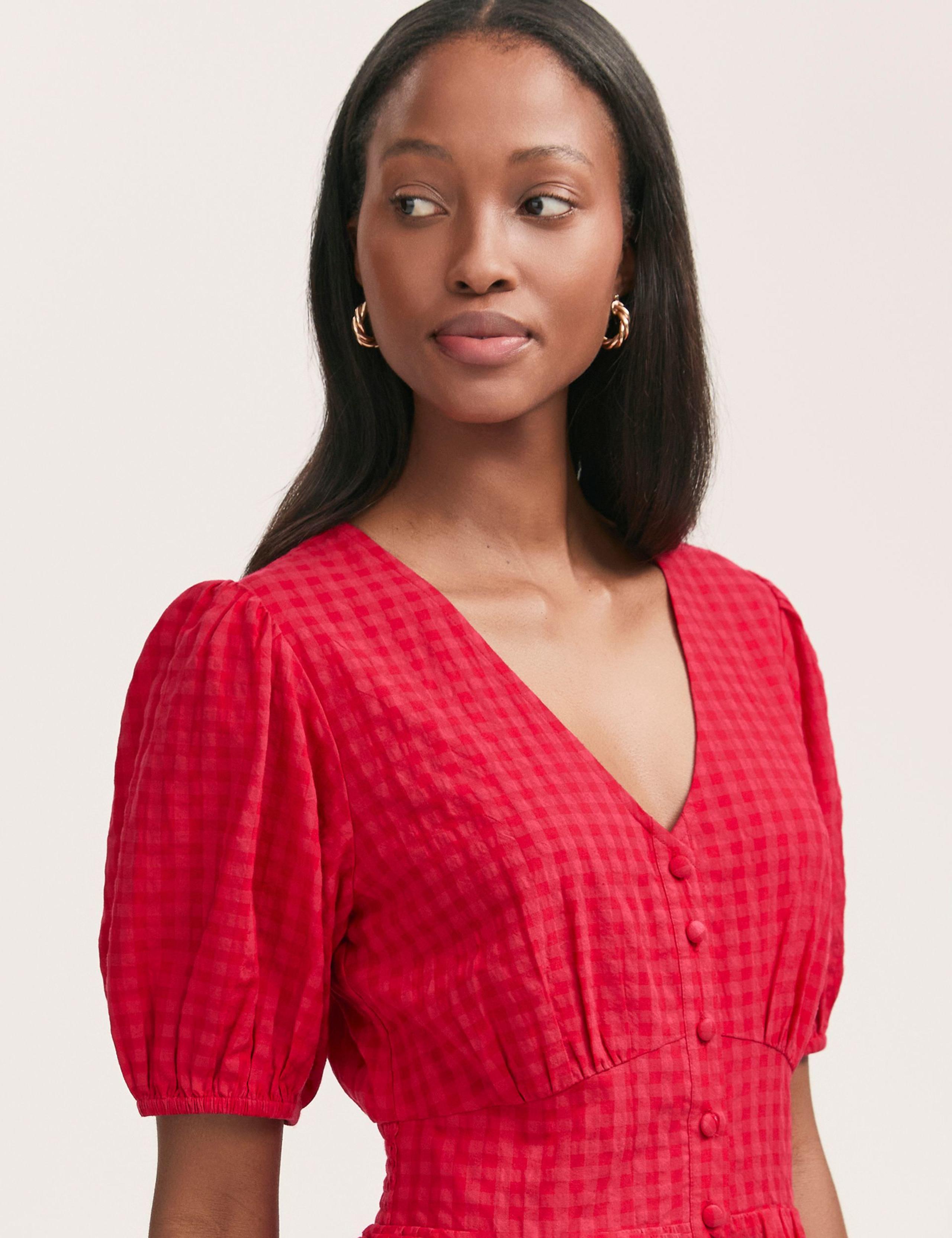 Cotton Blend Gingham V-Neck Midi Tea Dress 3 of 4