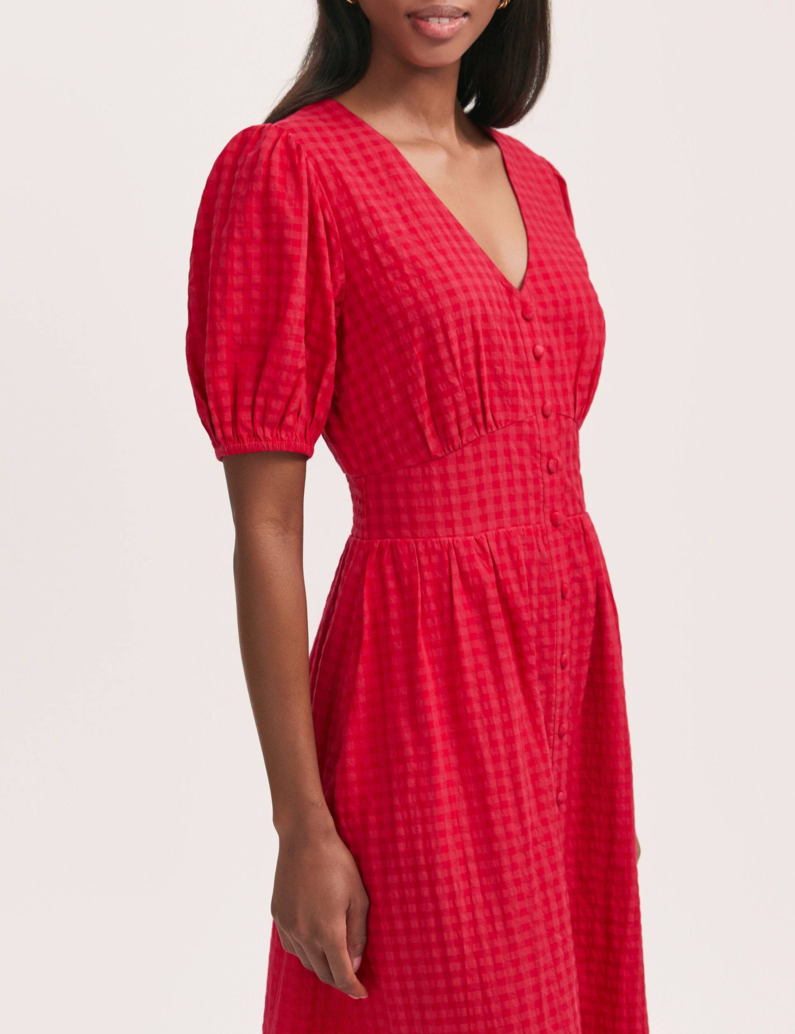 Cotton Blend Gingham V-Neck Midi Tea Dress 4 of 4