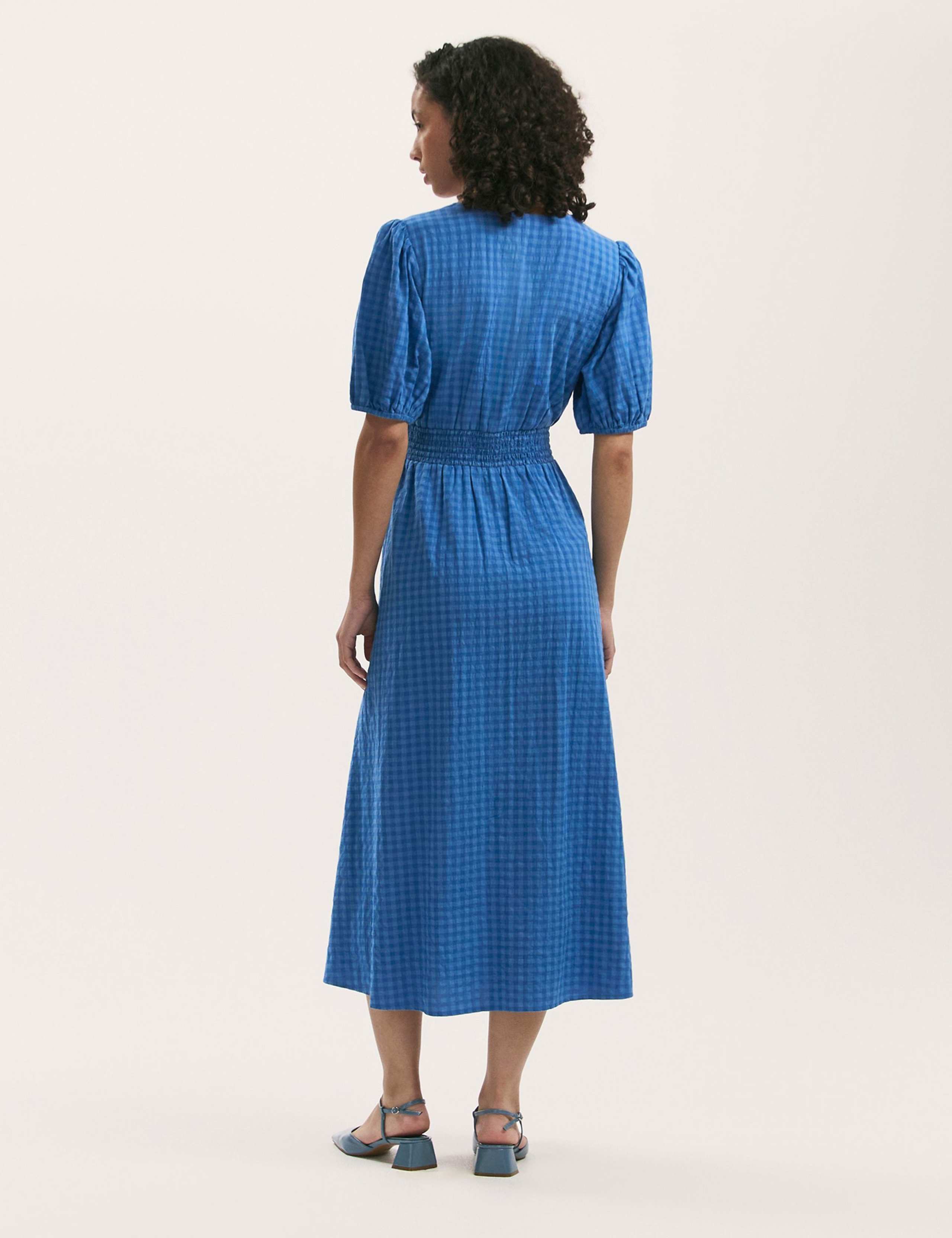 Cotton Blend Gingham V-Neck Midi Tea Dress 2 of 4