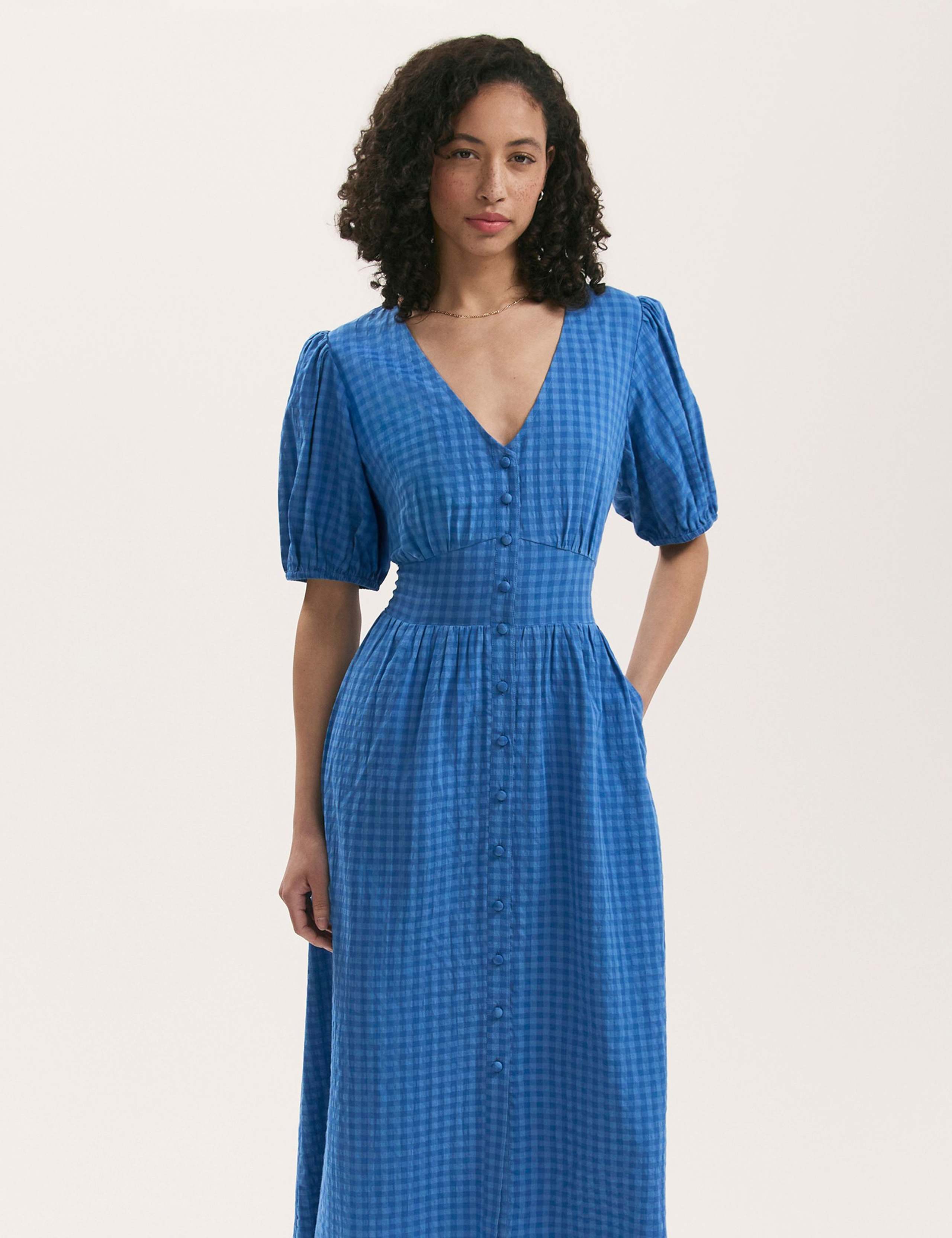 Cotton Blend Gingham V-Neck Midi Tea Dress 3 of 4