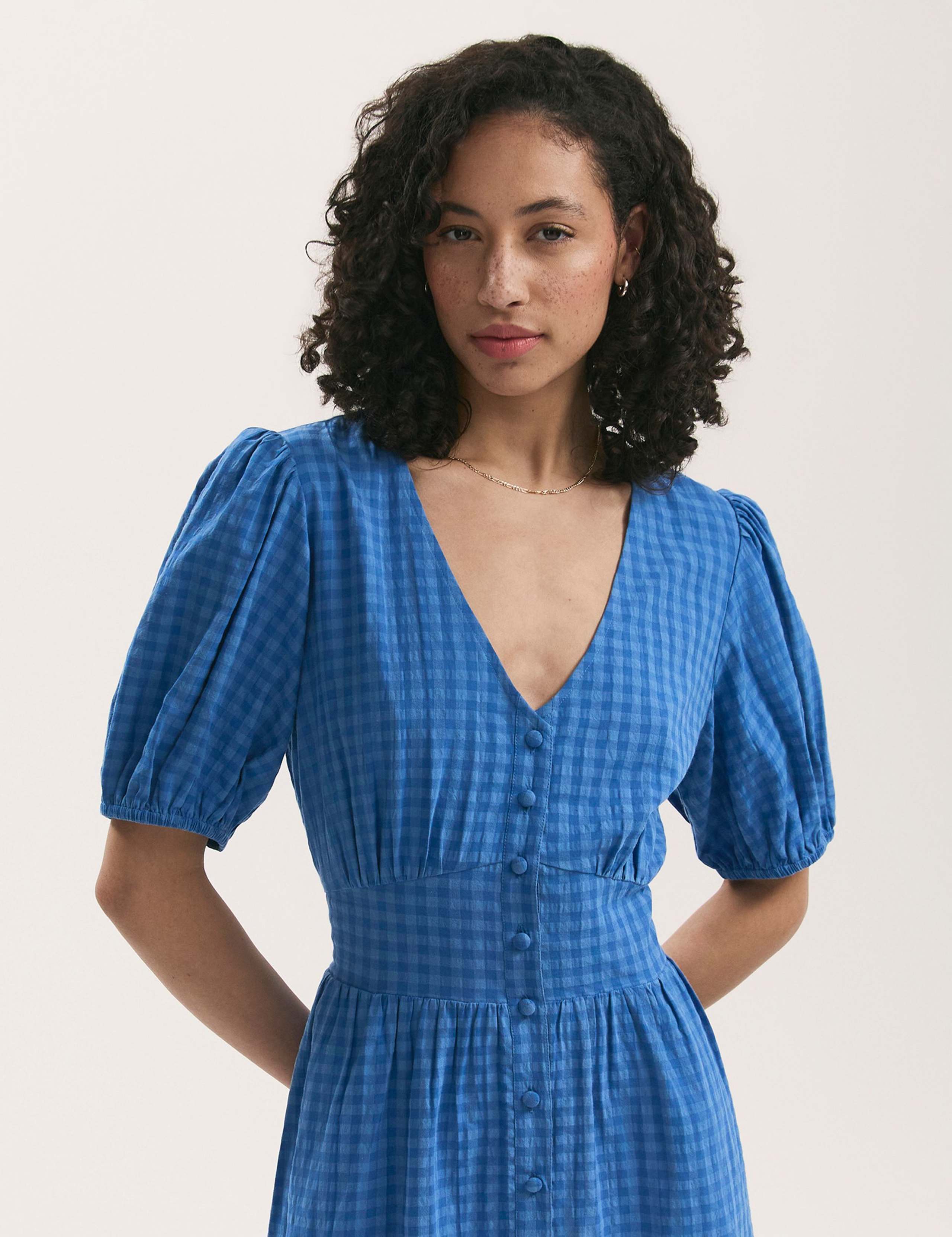 Cotton Blend Gingham V-Neck Midi Tea Dress 4 of 4