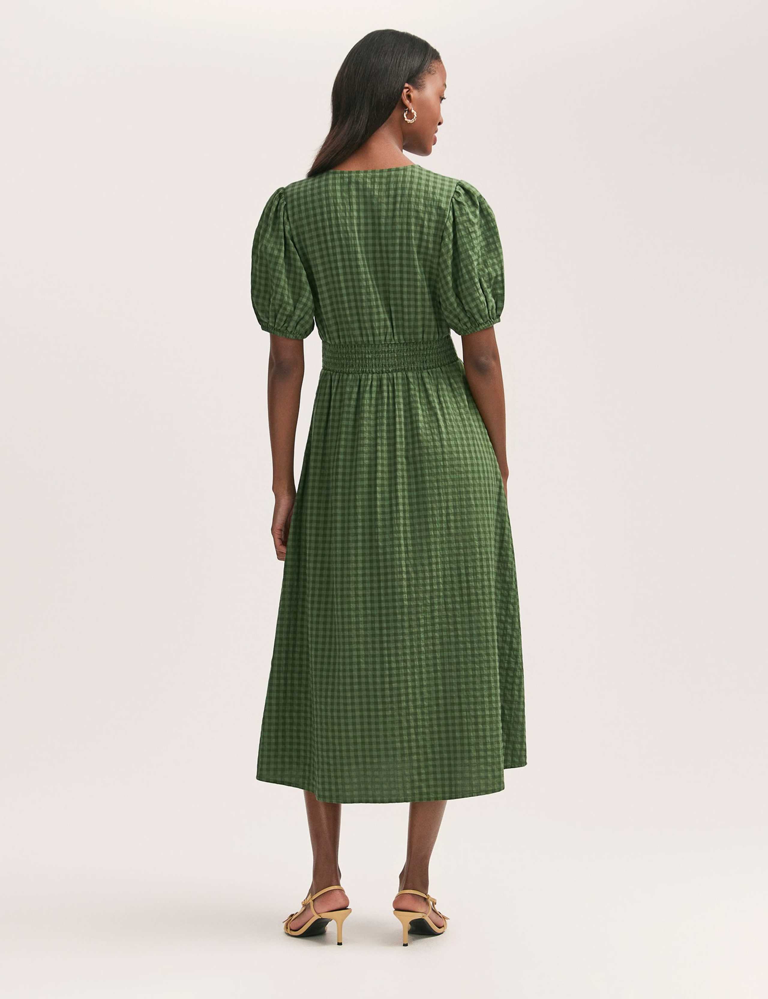 Cotton Blend Gingham V-Neck Midi Tea Dress 2 of 4