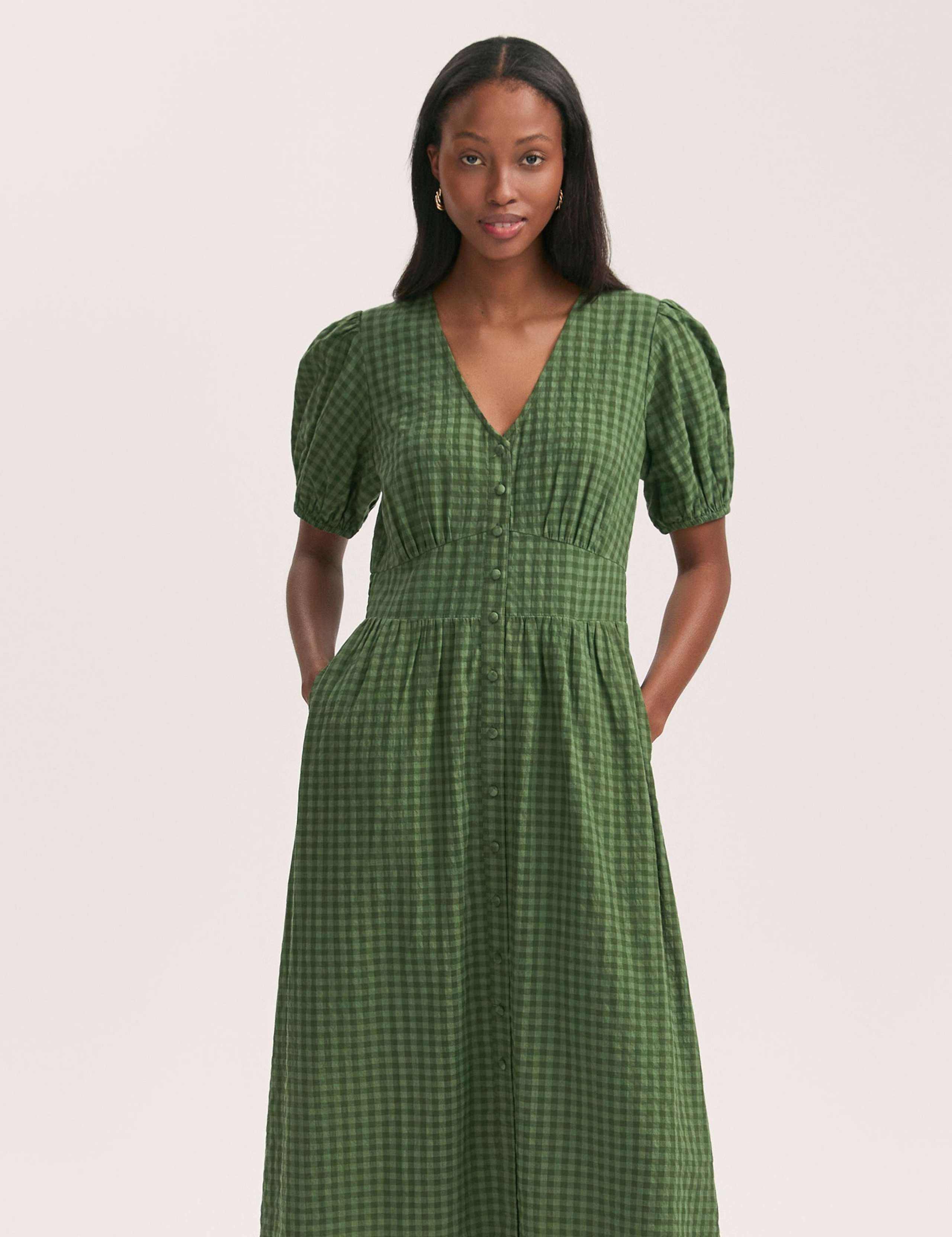 Cotton Blend Gingham V-Neck Midi Tea Dress 3 of 4