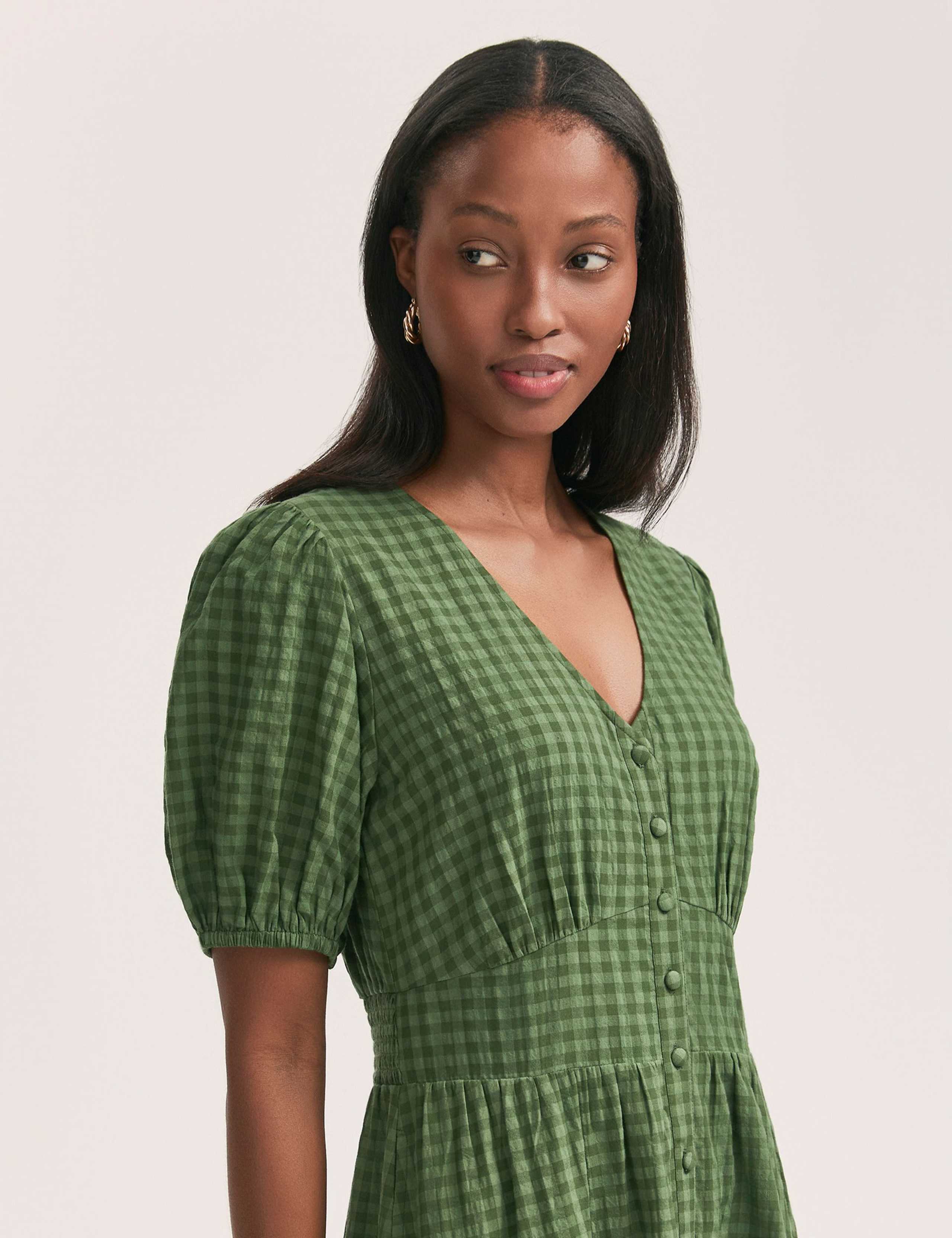 Cotton Blend Gingham V-Neck Midi Tea Dress 4 of 4
