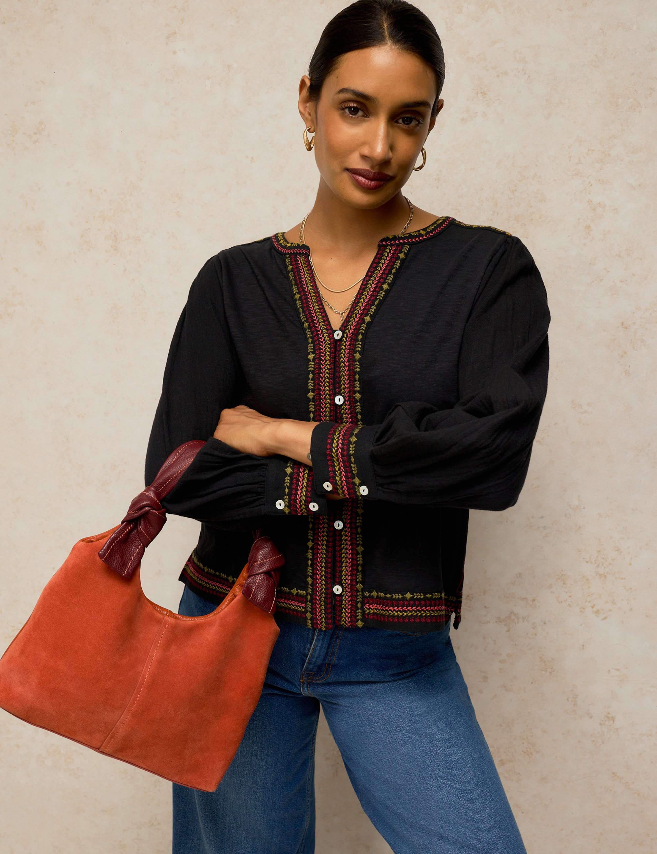 Embroidered Notch Neck Cotton Top 1 of 6