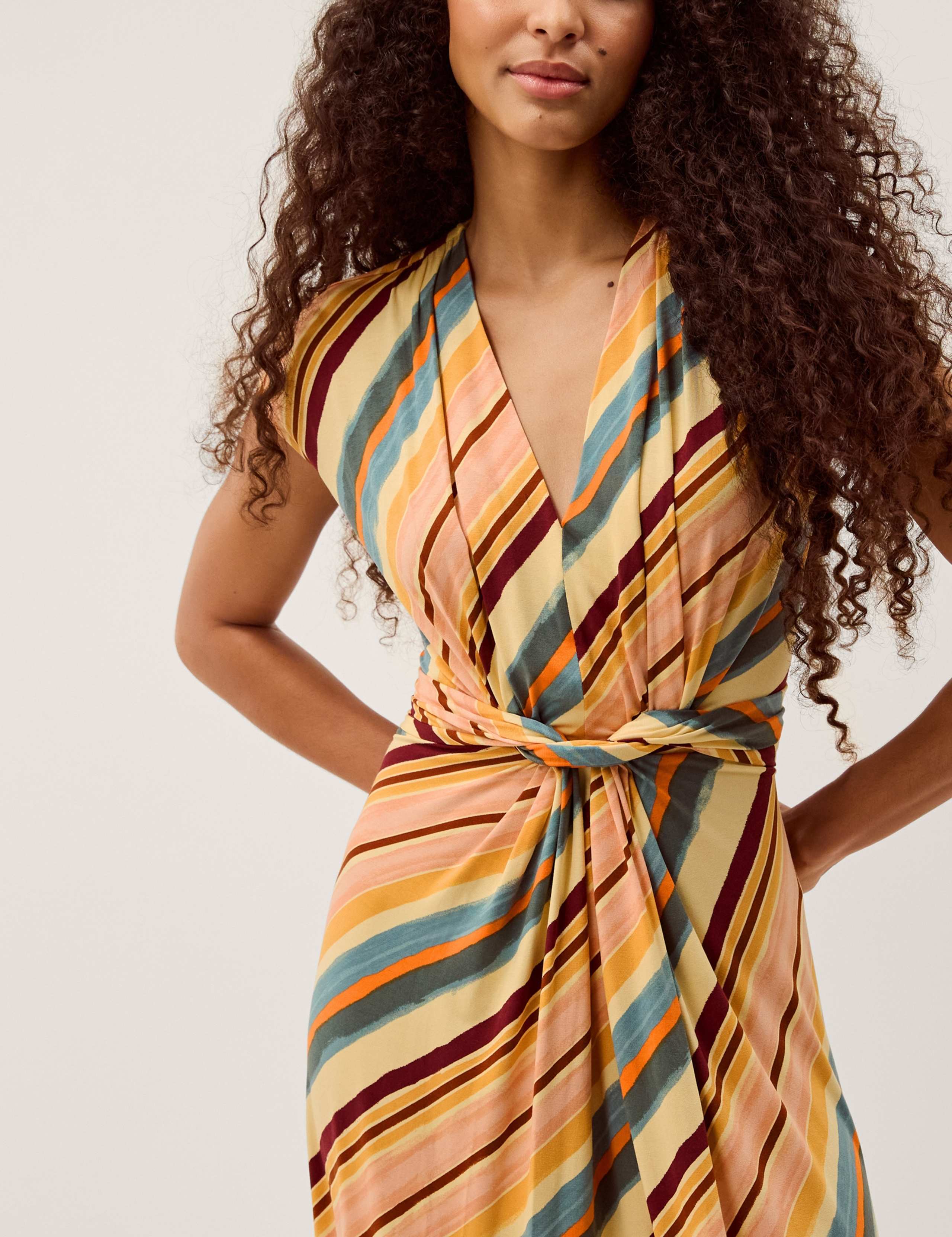 Jersey Striped V-Neck Midi Waisted Dress 5 of 5