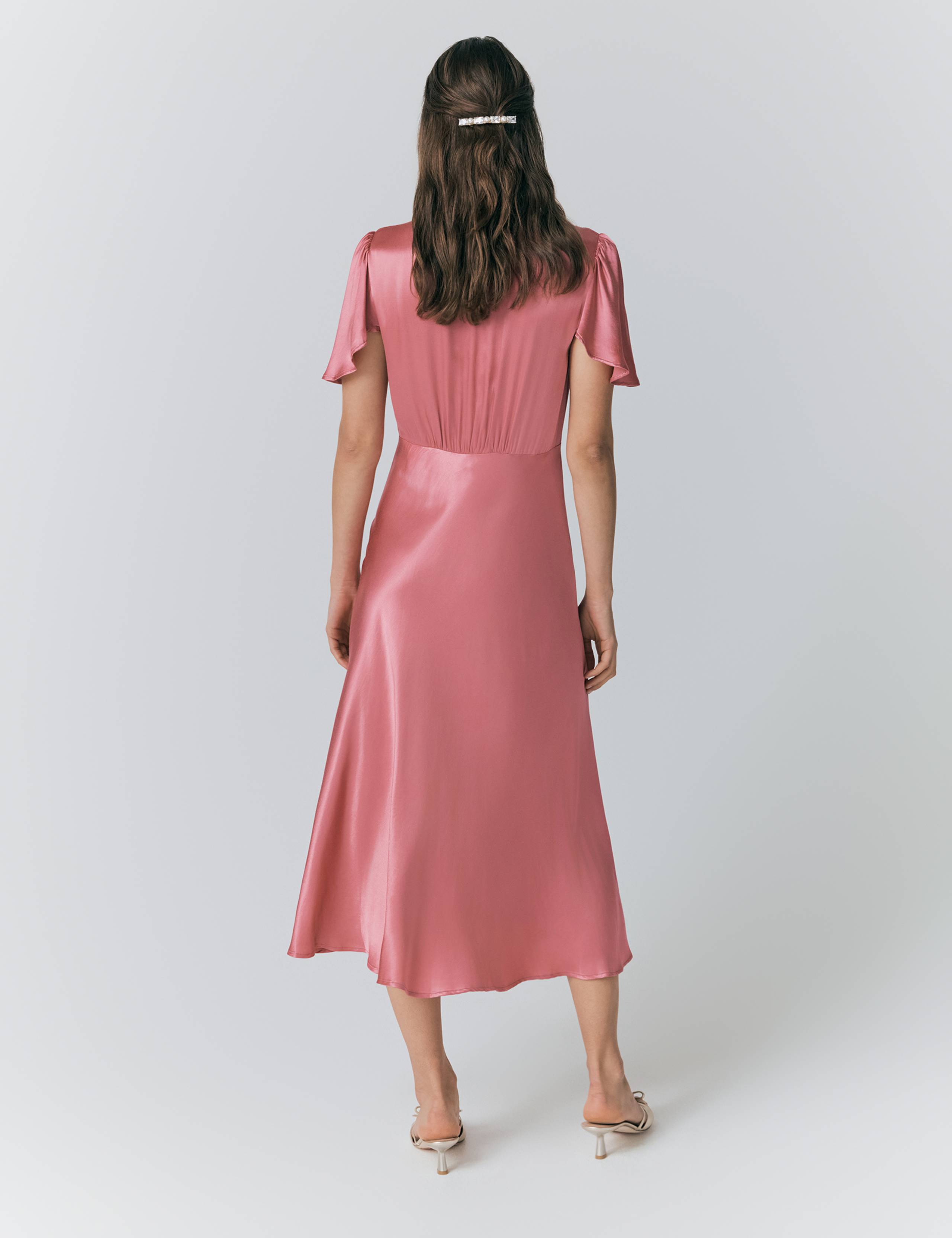 Satin V-Neck Angel Sleeve Midi Tea Dress 2 of 5