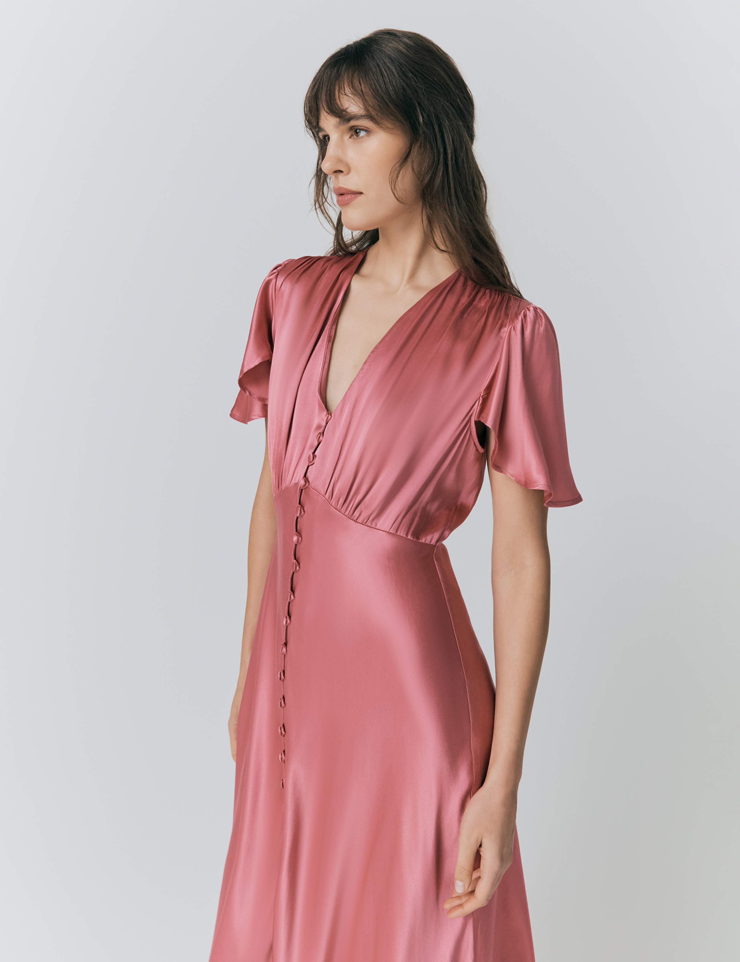 Satin V-Neck Angel Sleeve Midi Tea Dress 3 of 5