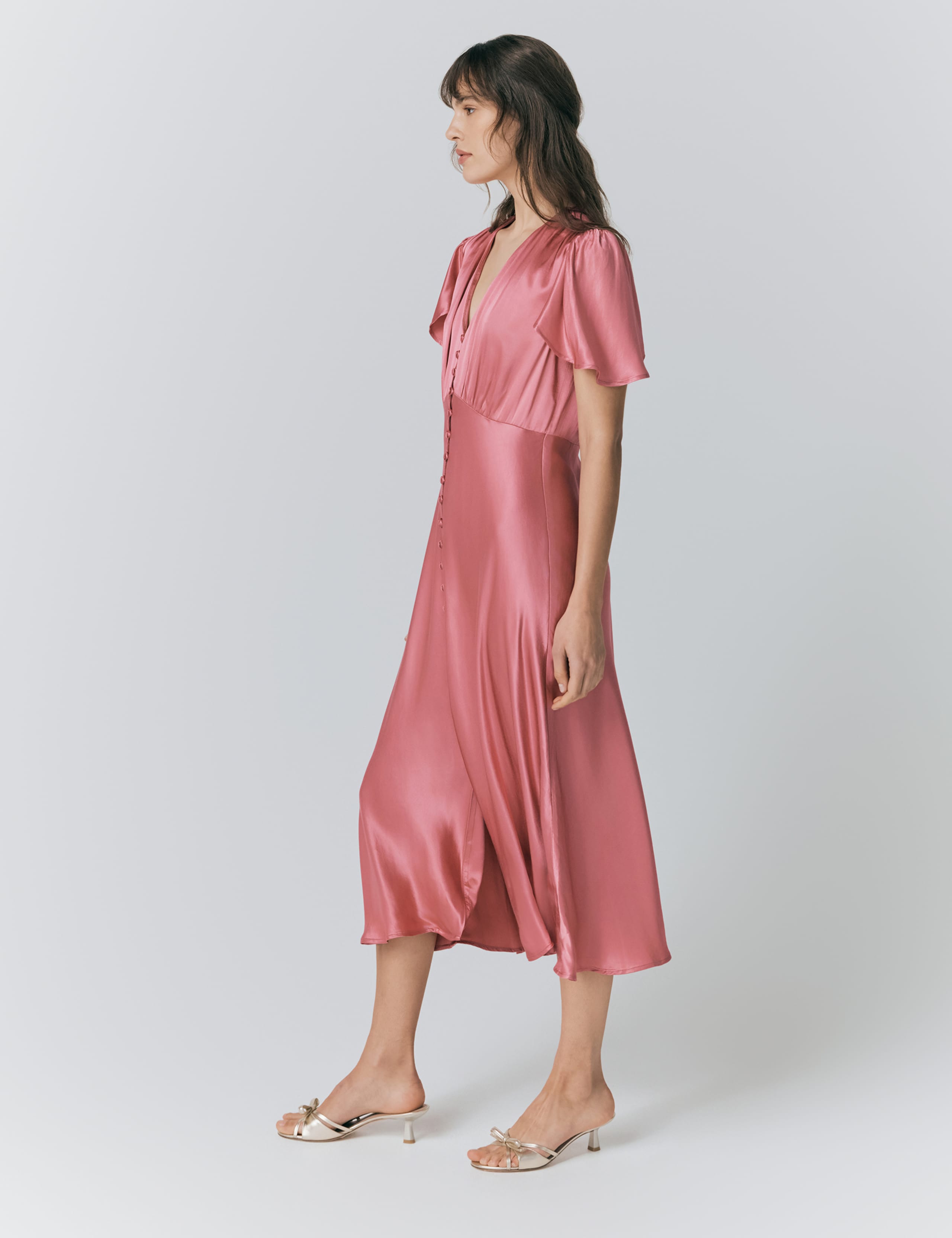 Satin V-Neck Angel Sleeve Midi Tea Dress 4 of 5